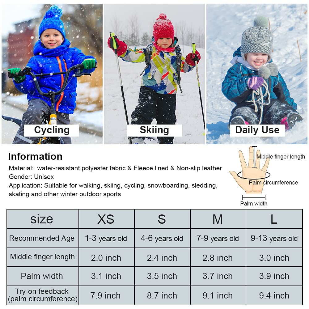 QKURT Kinder Skihandschuhe, Snowboard Handschuhe wasserdichte und Winddichte Winter Fäustlinge für 2-13 Jahre Mädchen und Jungen Skifahren Snowboard Reiten Laufen Wandern Radfahren