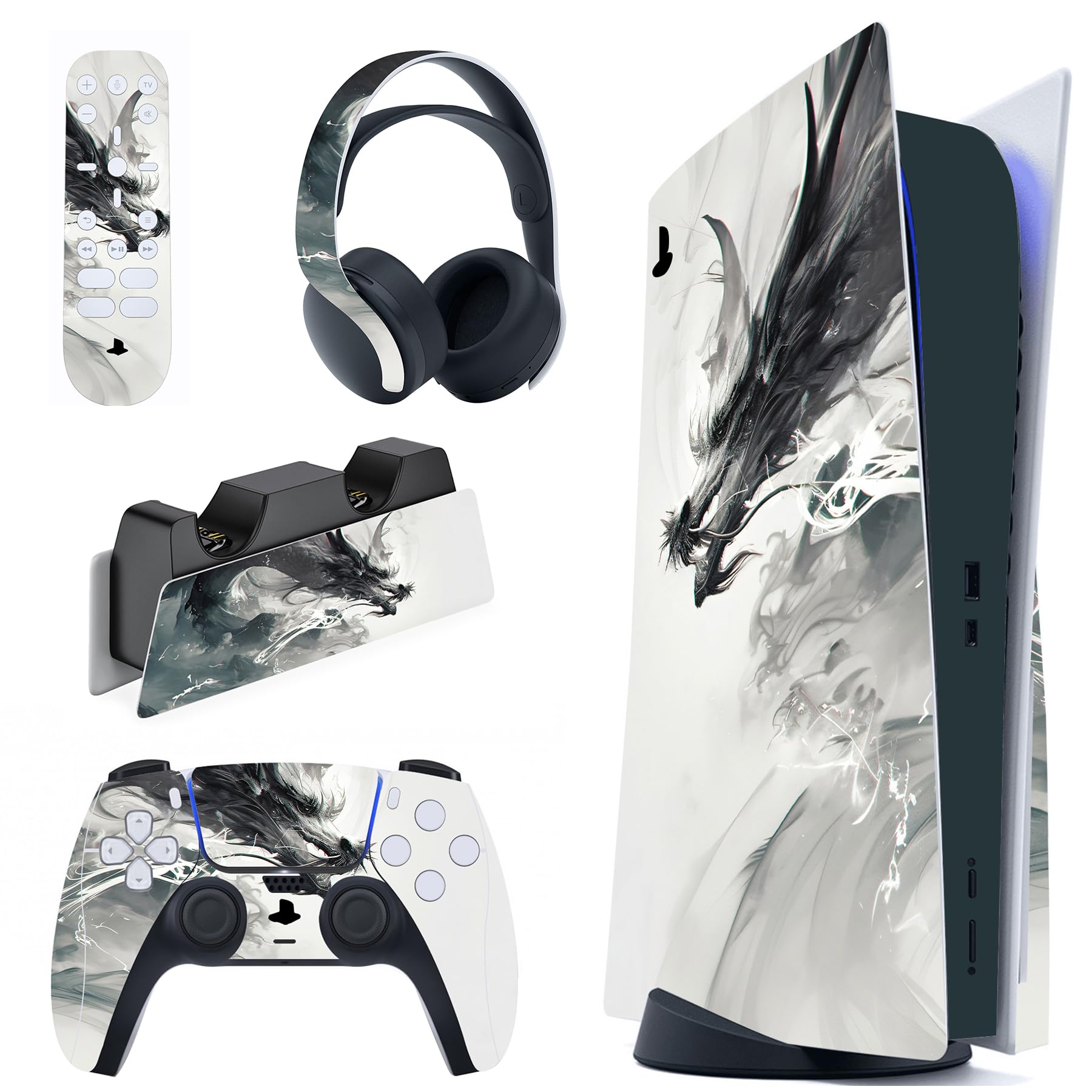 PlayVital Sticker Skin for PS5 Console Disc Edition & Controller, Remote Controller, Headphones, Charging Base, Sticker Decal Vinyl Cover for Standard Edition-Dragon Ink Spirit
