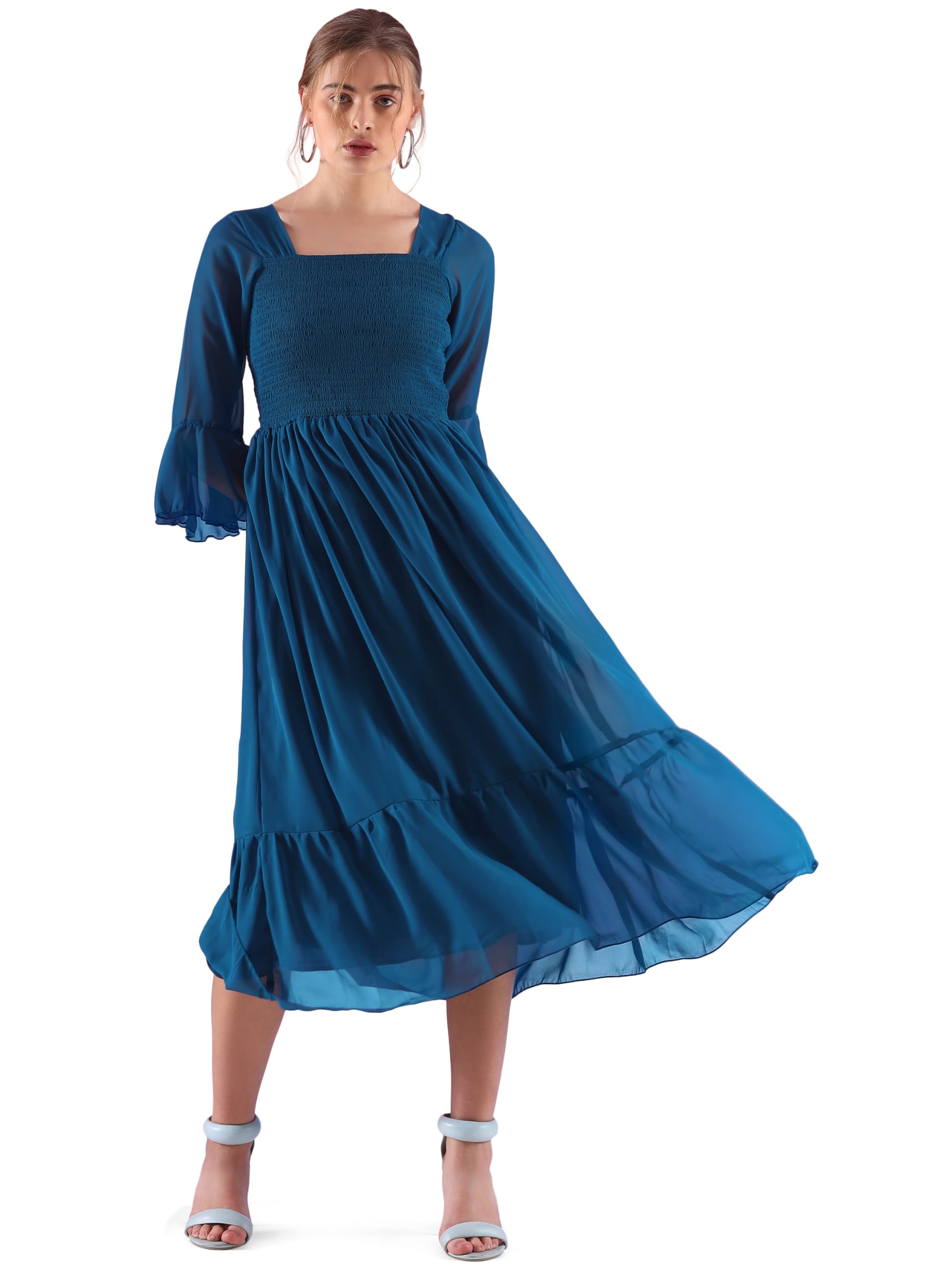 Sheetal AssociatesWomen's Georgette Solid Casual Midi Fit and Flare Dress