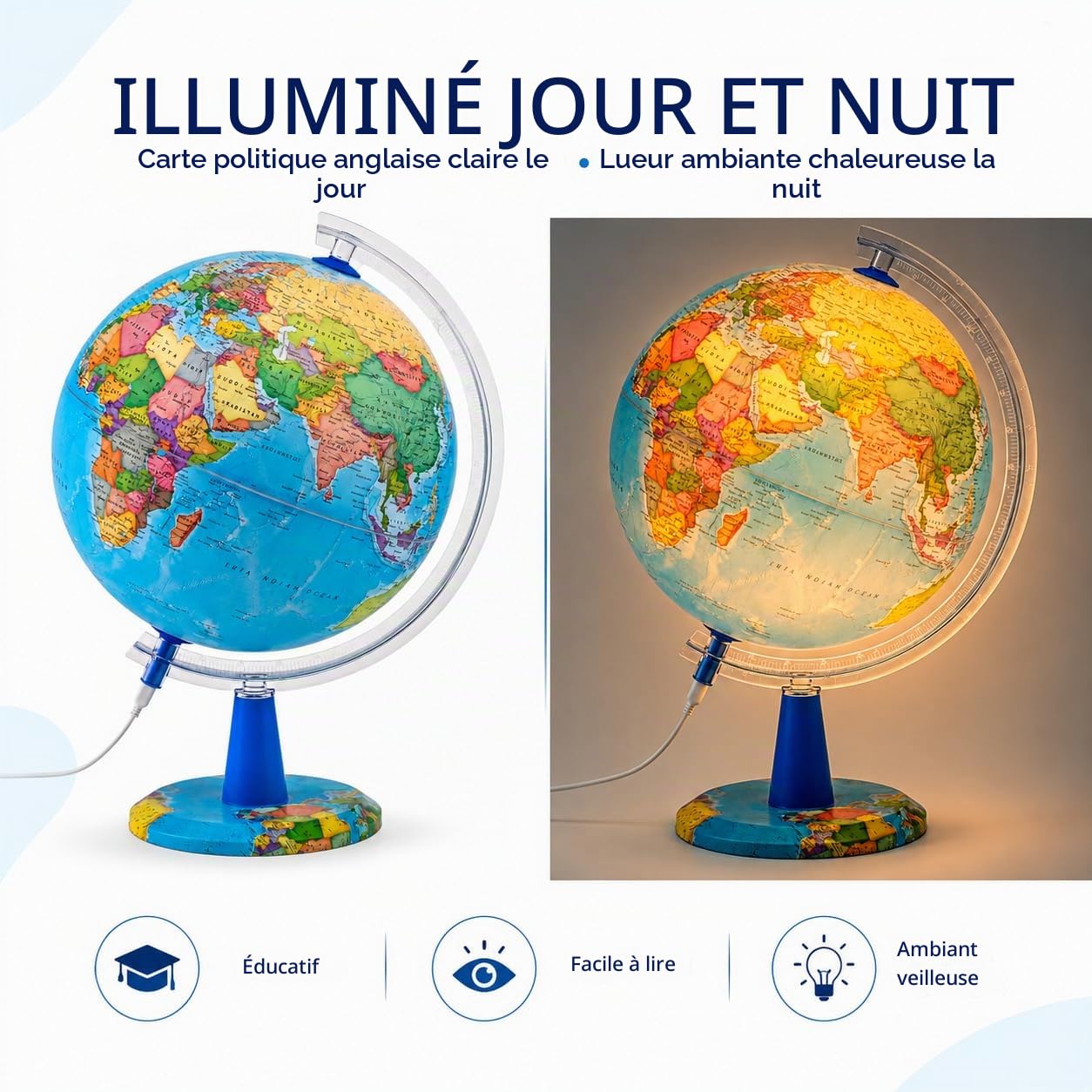 Globe Lumineux 20cm - Carte en Anglais - Globe Politique Moderne - Décoration Éducative, Géographique