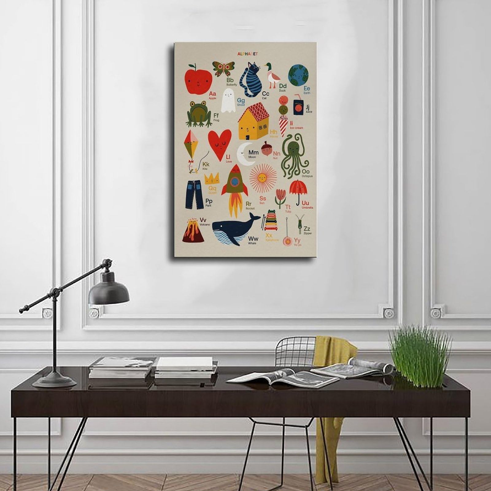 Poster éducatif sur toile avec lettres de l'alphabet illustrées à la main - Décoration murale pour salon, chambre à coucher - 50 x 75 cm