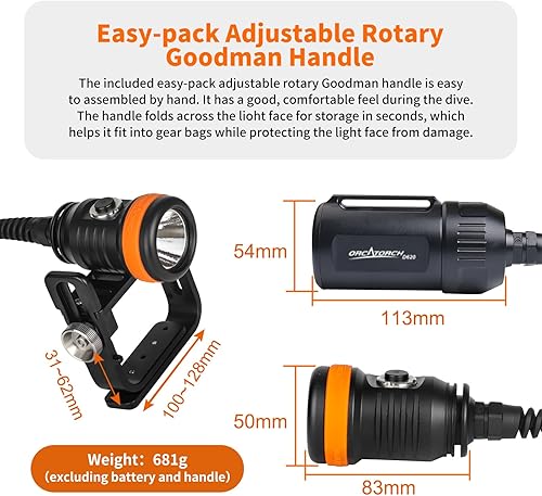 Miniatura 5 de ORCATORCH D620 V2.0 2700 Lumen Canister Primary Dive Light 3 Modos Técnico Buceo Linterna Subacuática 150M Buceo Antorcha para Espeleología Buceo de