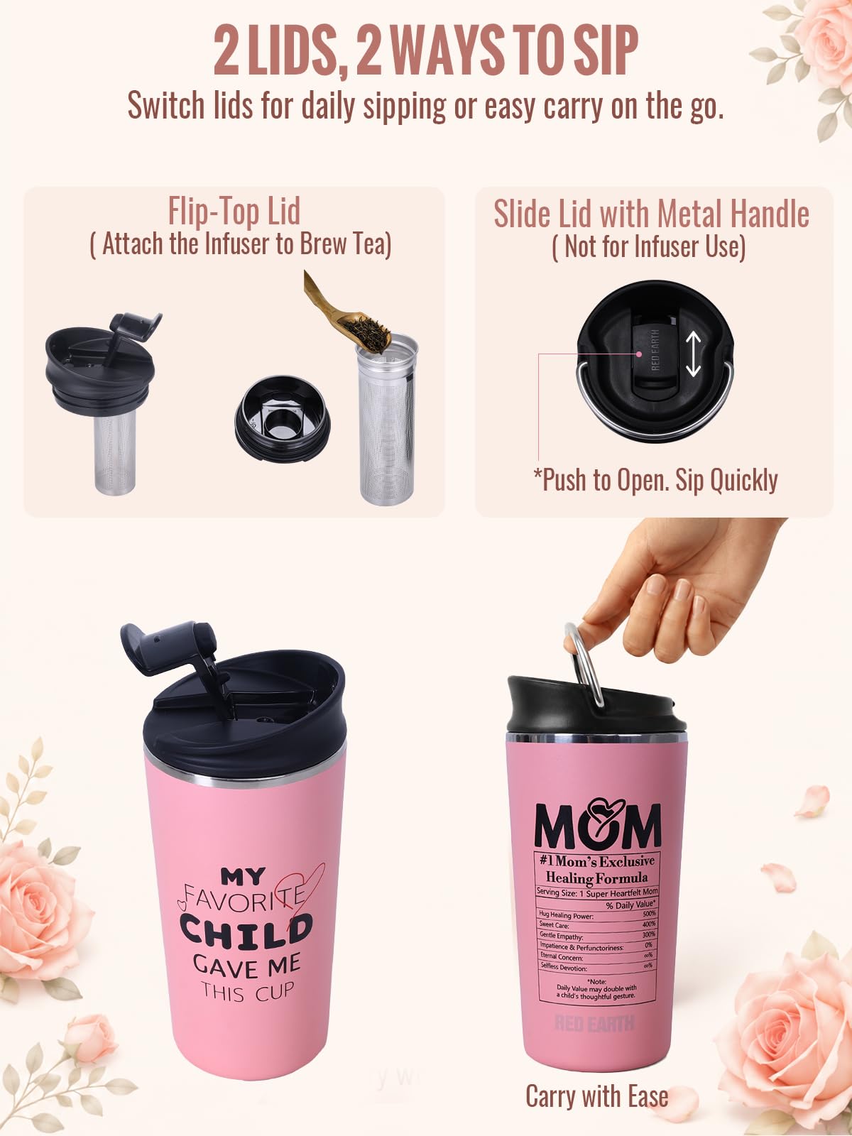 GiNT Taza de té de viaje de 17 onzas con infusor y dos tapas, regalo del día de la madre para mamá