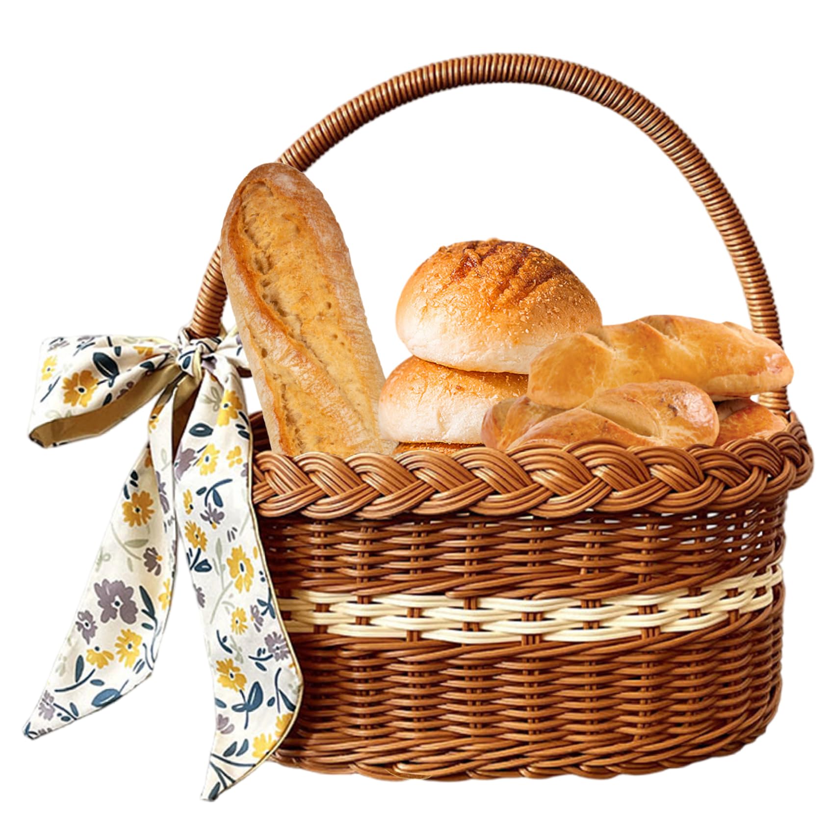 Cesto di vimini con manico, cestino in vimini con manico, grande, portatile, in rattan, picnic, con sciarpa, design vintage, cestino intrecciato per picnic, uova di Pasqua, fiori all'aperto