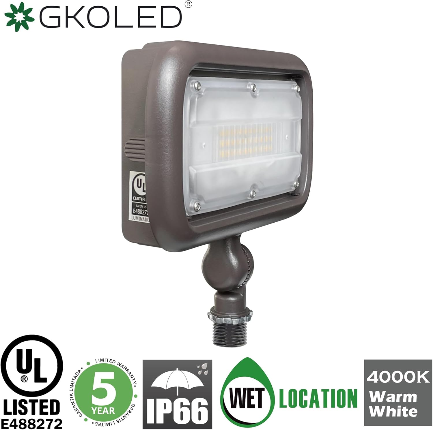 GKOLED 30W LED Floodlight, Outdoor Security Fixture, Waterproof, 100W PSMH Replace, 3000 Lumens, 4000K Cool White, 70CRI, 120-277V, 1/2" Knuckle Mount, UL-Listed