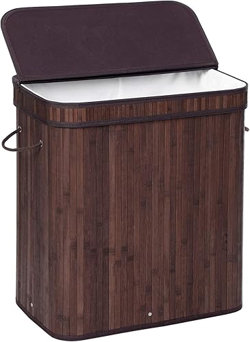 SONGMICS Cesta de lavandería con tapa cesta de lavandería de bambú con asas cesta de almacenamiento plegable para lavandería dormitorio 100 L marrón