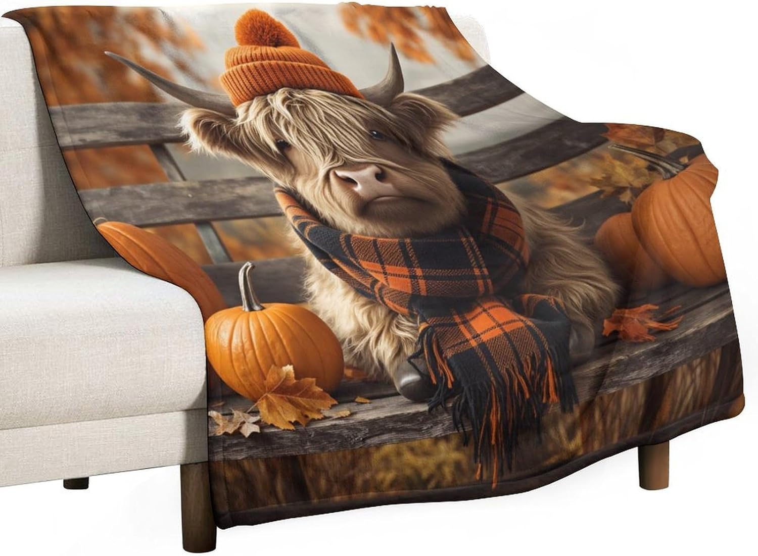 Autumn Cow Wearing Scarf Pumpkin Flannel Fleece Throw Blanket for Kids, Soft Lightweight & Anti-Pilling Cozy Blanket for Couch, Bed, Sofa, Camping, and Travel 70"x80"