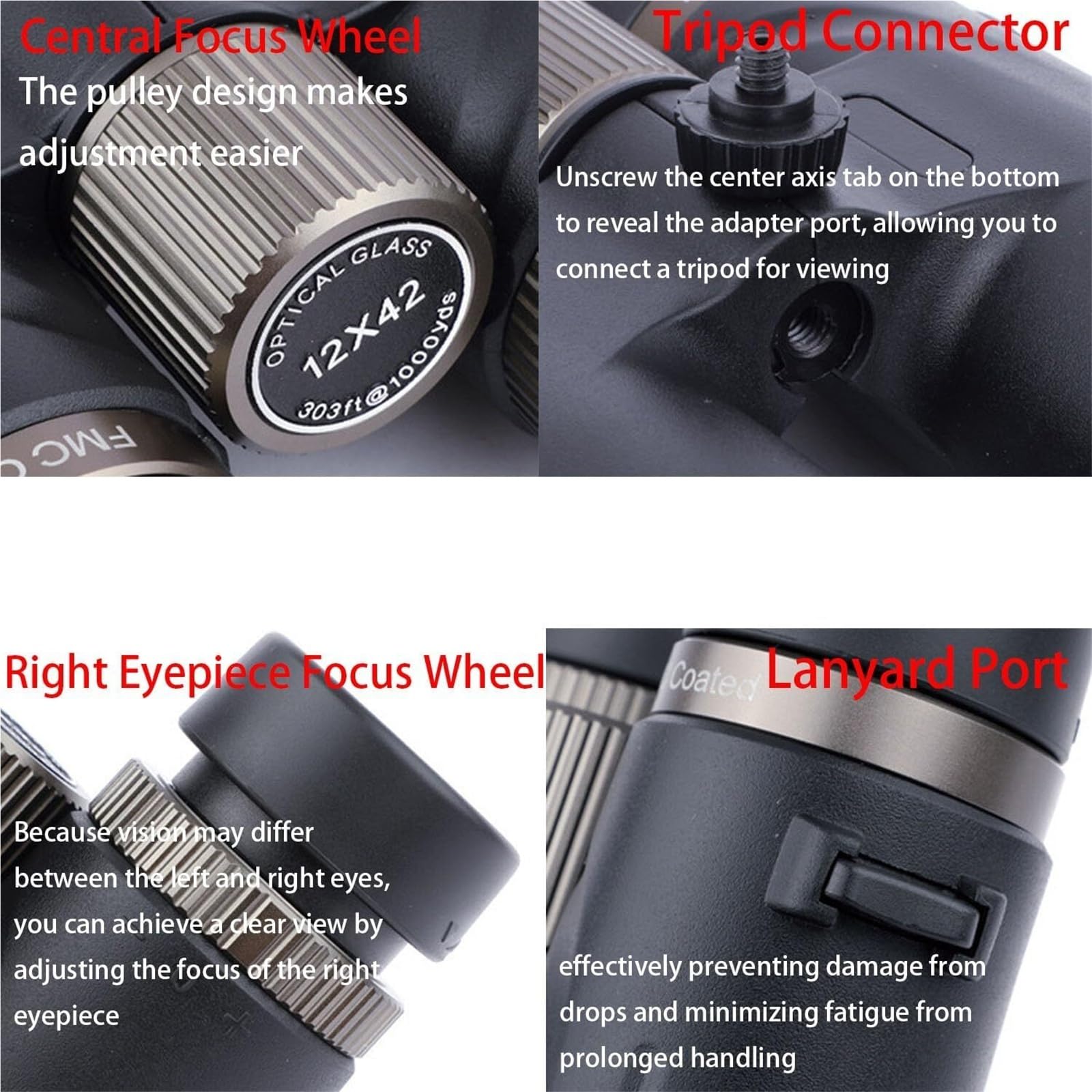 Prismáticos War-MAX 12x42 HD for Adultos, for observación de Aves, Caza, observación de Estrellas, Viajes, conciertos, Negros(Black)