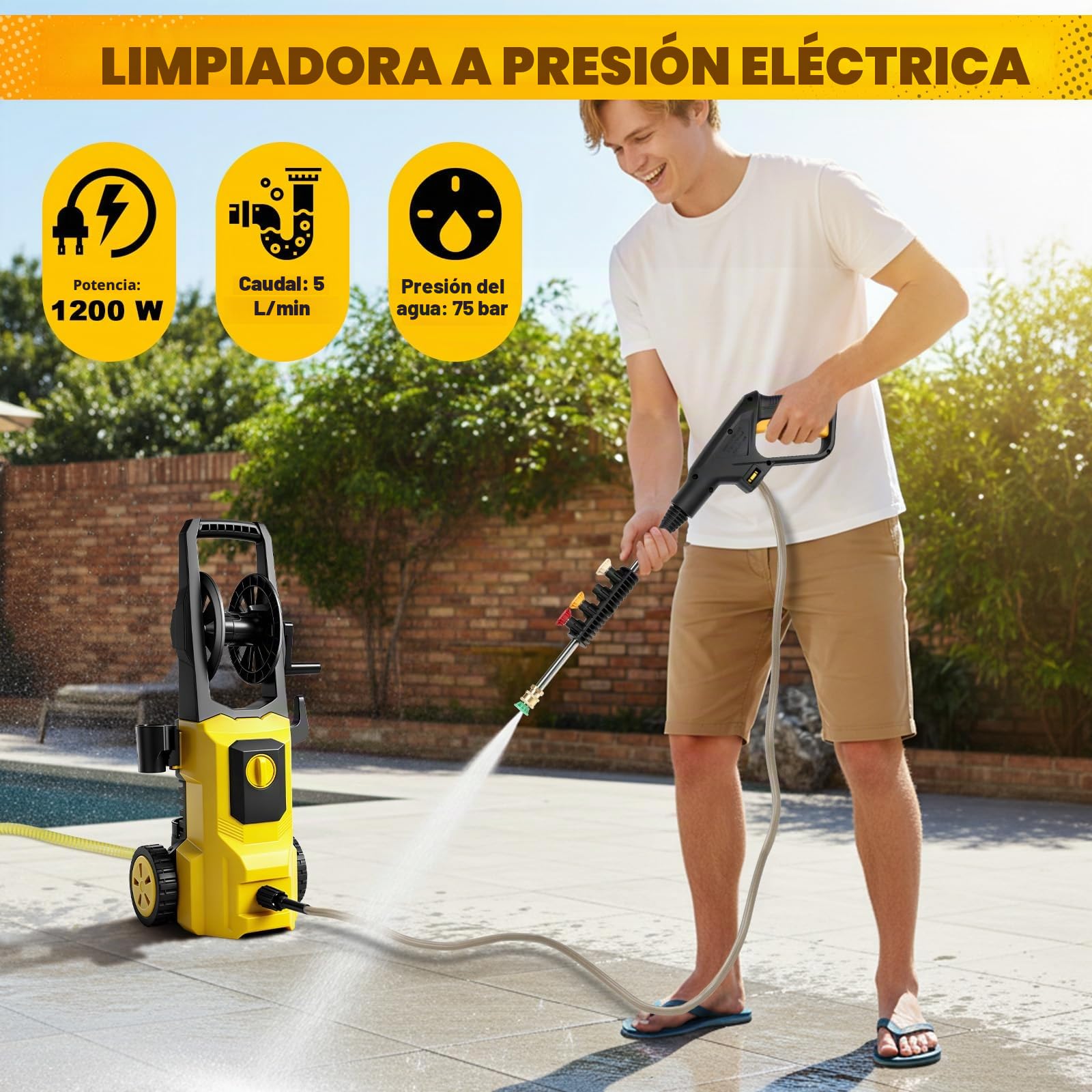 WingFly Hidrolimpiadora de Alta Presión, Presión de Trabajo de 75 Bares | caudal de 300 l/h, limpiador de alta presión portátil con boquilla ajustable, para coches, vallas, terrazas, manguera de 10 m
