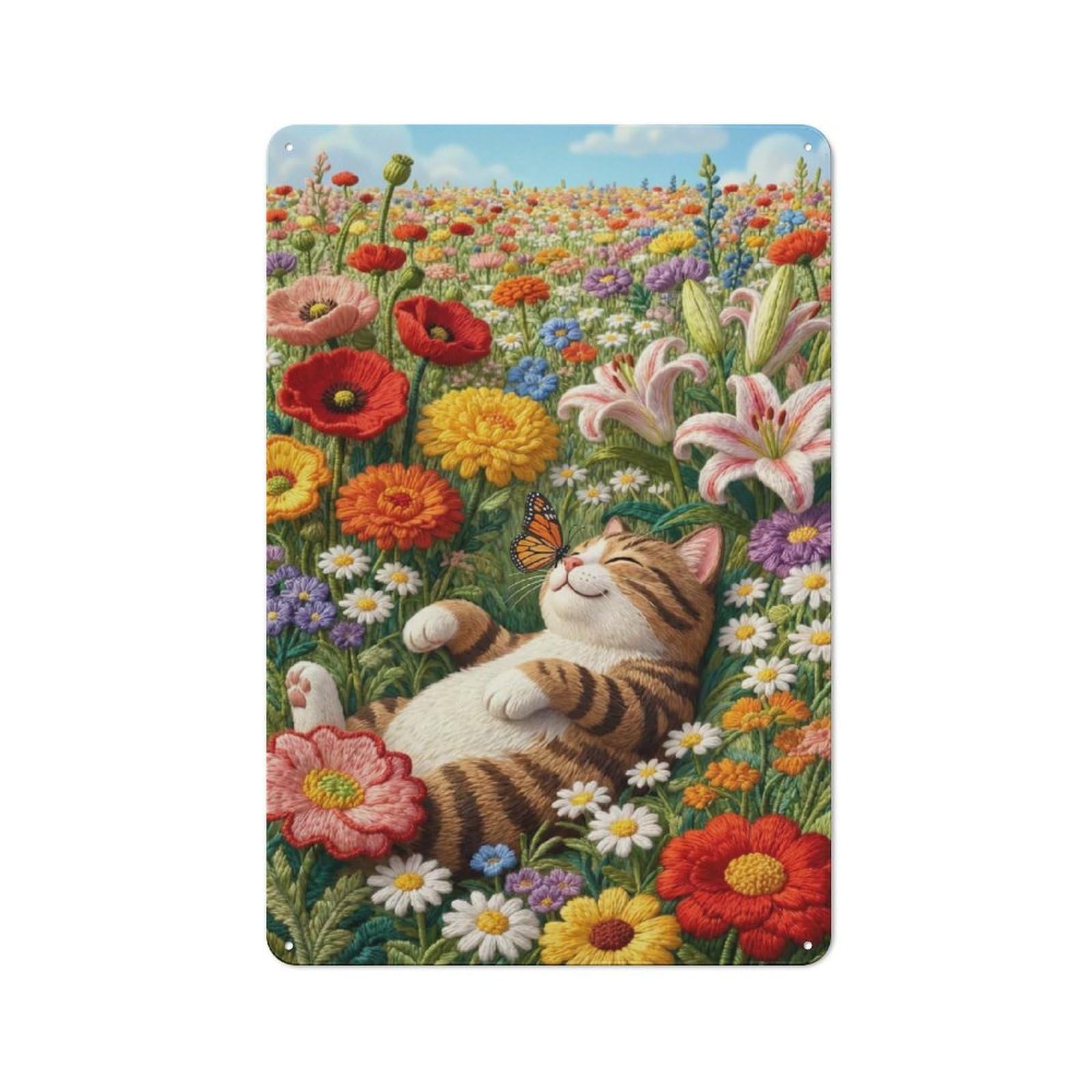 Junmoney Style-19 Cat Nap In Flower Field Metal Wall Plaque For Bar Wall, Pub Room And Party Space, Gift For Friends, Dad Or Home Bar Owners, 30X20cm
