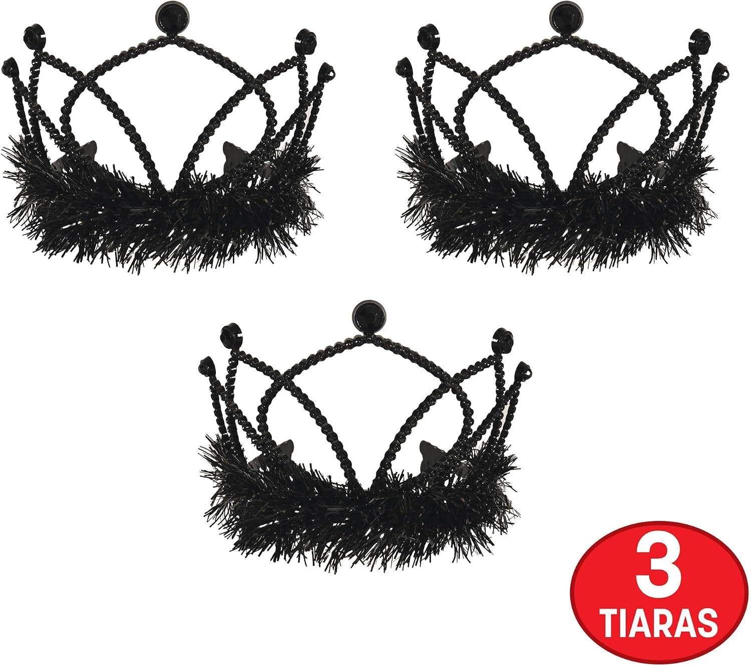 Beistle Black Plastic Tiaras – 3 Pack, Crown Headpieces with Metallic Fringe, Spirit Headwear for Stage Performances, Halloween Costumes, Photo Booth Props, Themed Events & Novelty Party Wear