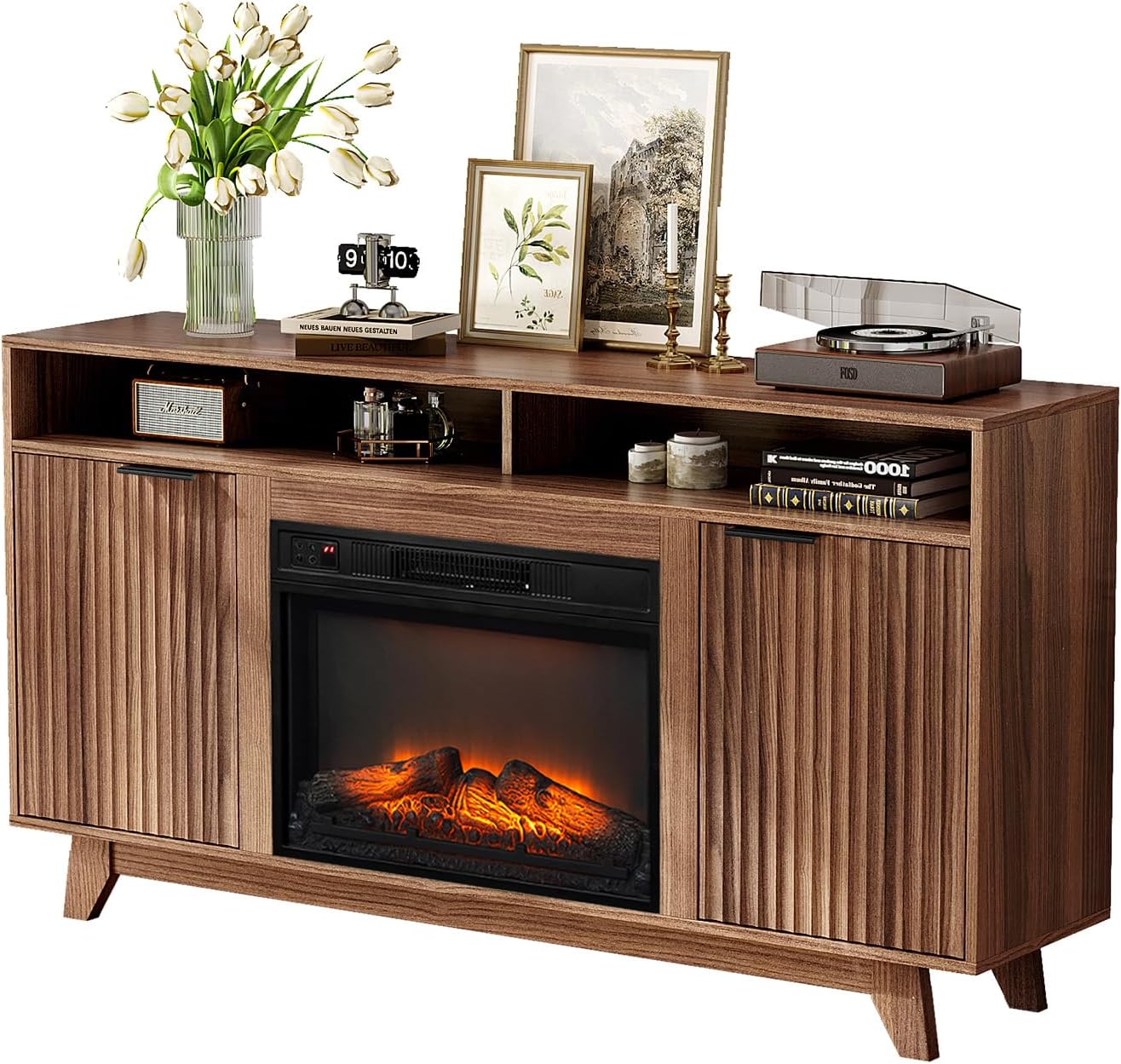 VINGLI Fireplace TV Stand for up to 70 inch TVs, Fluted Entertainment Center with Electric Fireplace Heater & Adjustable Shelves & Open Cabinet, Fireplace Media Console Table for Living Room, Walnut Walunt 58”W x 13.58“D x 32”H