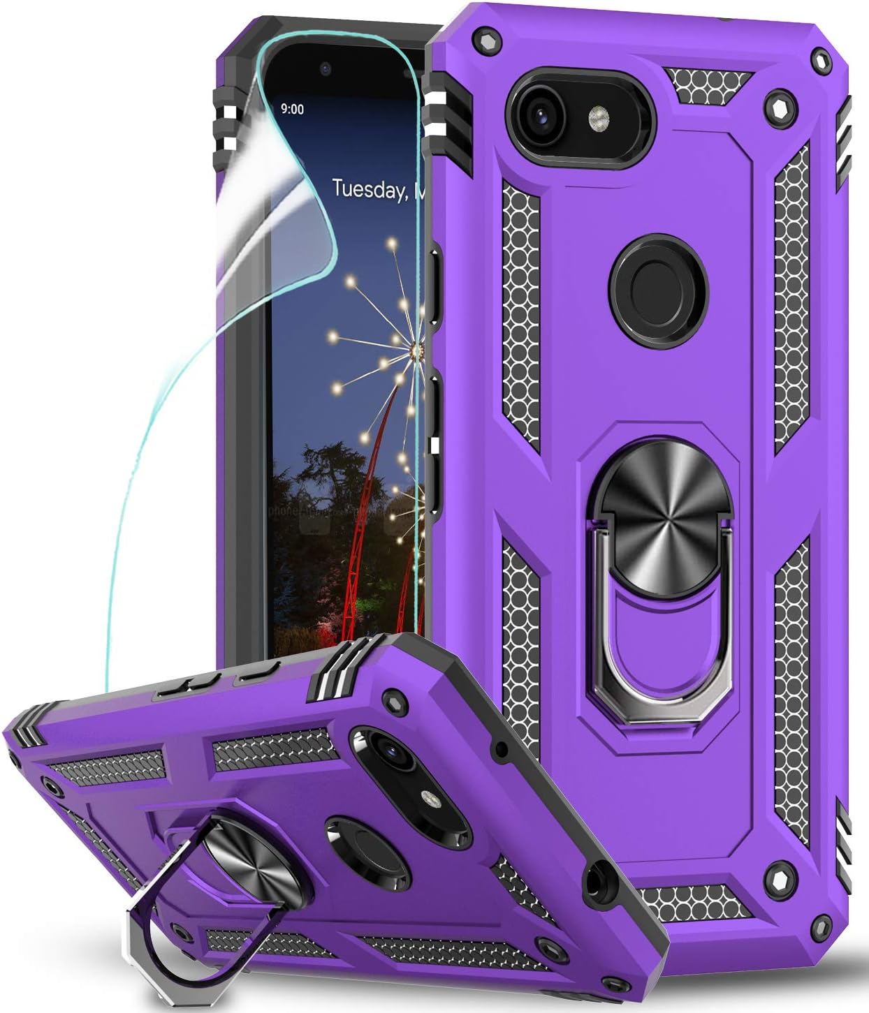 LeYi Google Pixel 3a Case (Not fit 3a XL) with HD Screen Protector, [Military-Grade] Armor Full-Body Dual Layer Protective Phone Case with Rotating Holder Kickstand for Google Pixel 3a, Purple