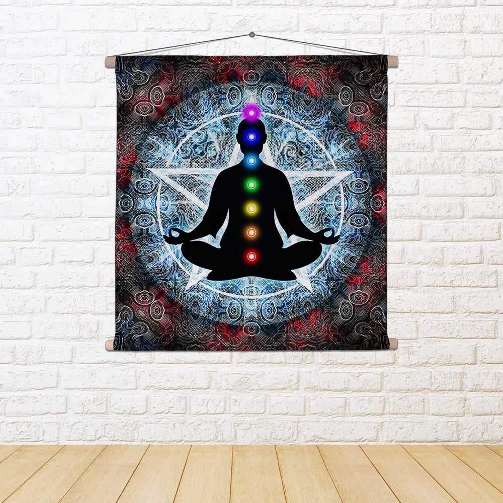 Indian Collectible - Arazzo da appendere in tessuto di seta, motivo: meditazione con chakra, 76 x 76 cm