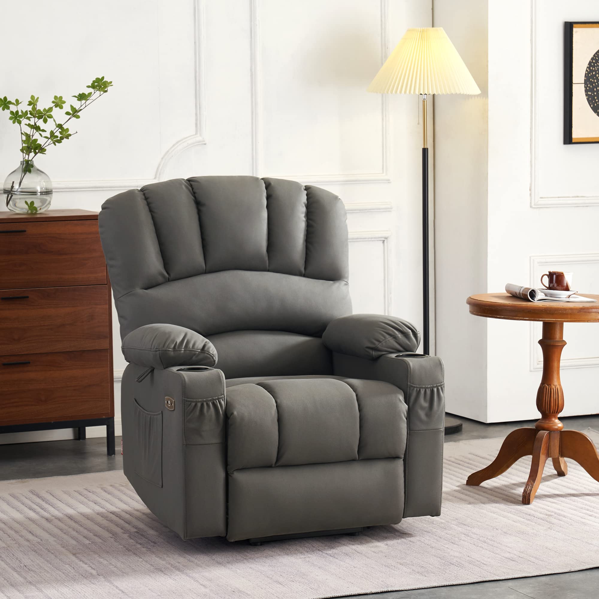 M MCombo Poltrona relax 7102 con supporto per alzarsi e sdraiarsi, regolabile elettricamente, con funzione di riscaldamento, per anziani e soggiorno, USB (tessuto in microfibra, grigio)