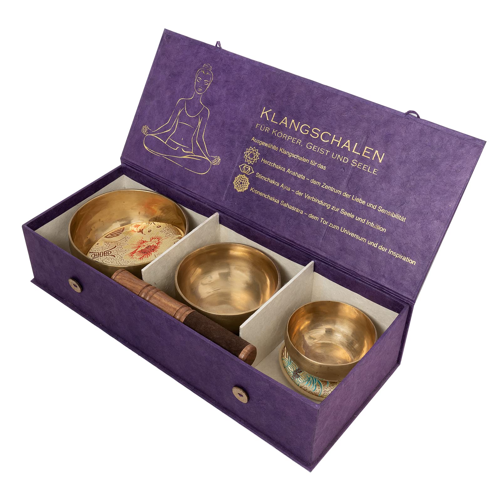 Körper-Geist-Seele-Box mit 3 feinen Klangschalen für das Herz-Chakra, das Stirn-Chakra und Kronenchakra für Meditation u. Klang-Therapie I Handgeschmiedet I Inkl.Klöppel/Pads I Fair Trade aus Nepal