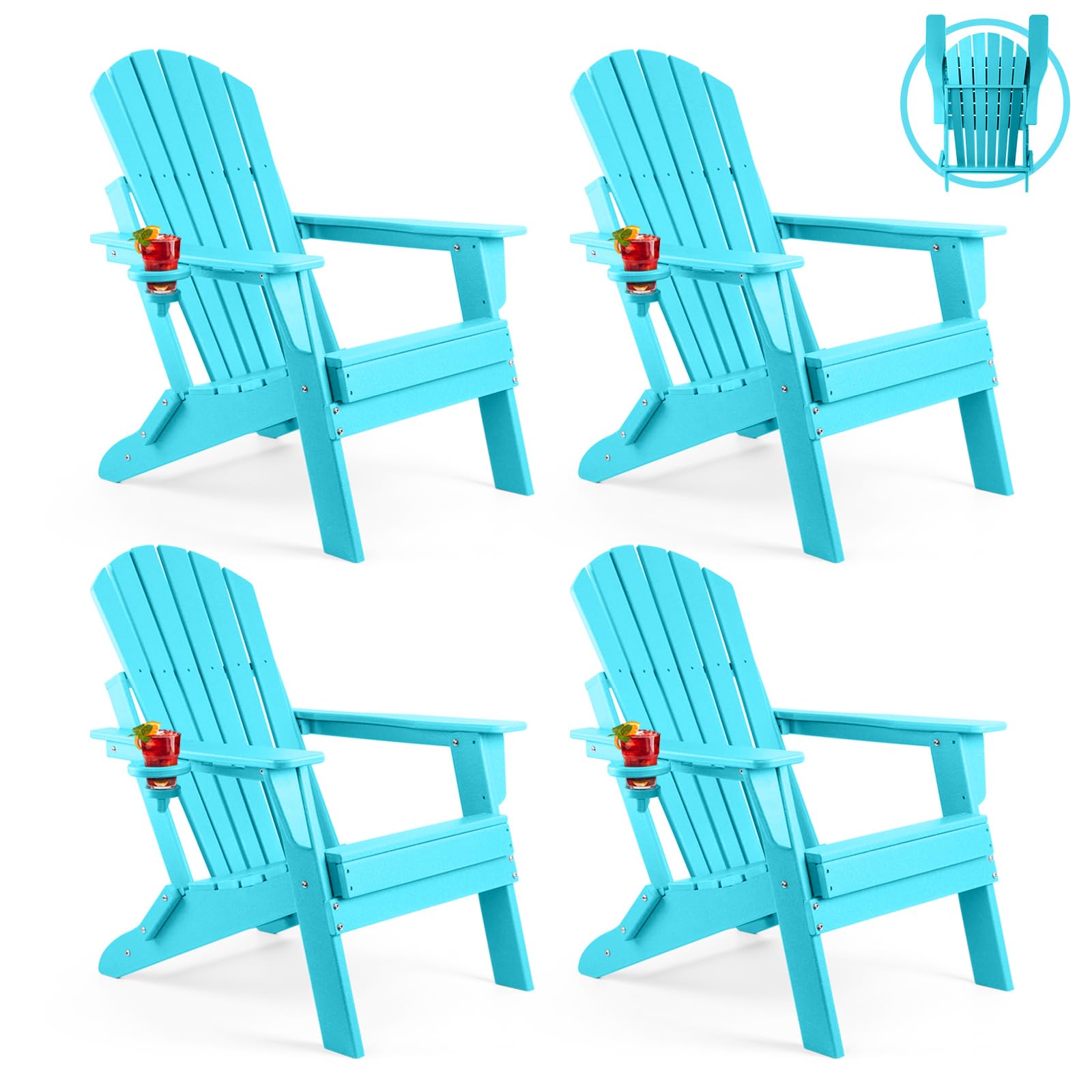 FUNBERRY Folding Adirondack Chair Set of 4, All Weather HDPE Fire Pit Chairs with Cup Holder for Outdoor