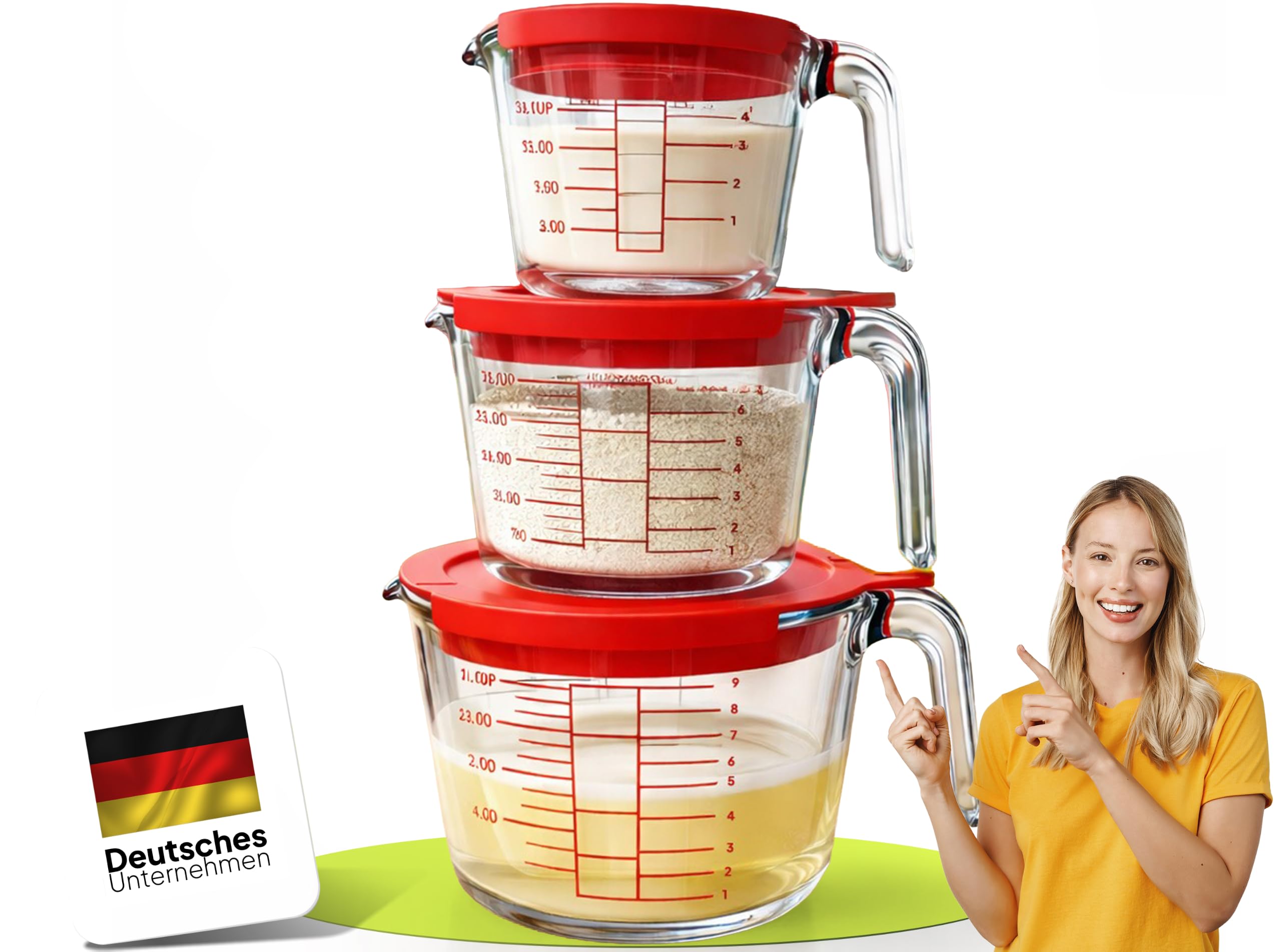 uandu Messbecher Glas Set 3-teilig – 1 L, 500 ml & 250 ml | 3 Messbecher, 3 Deckel, Borosilikatglas, 4 Messskalen, Hitzebeständig, Spülmaschinenfest