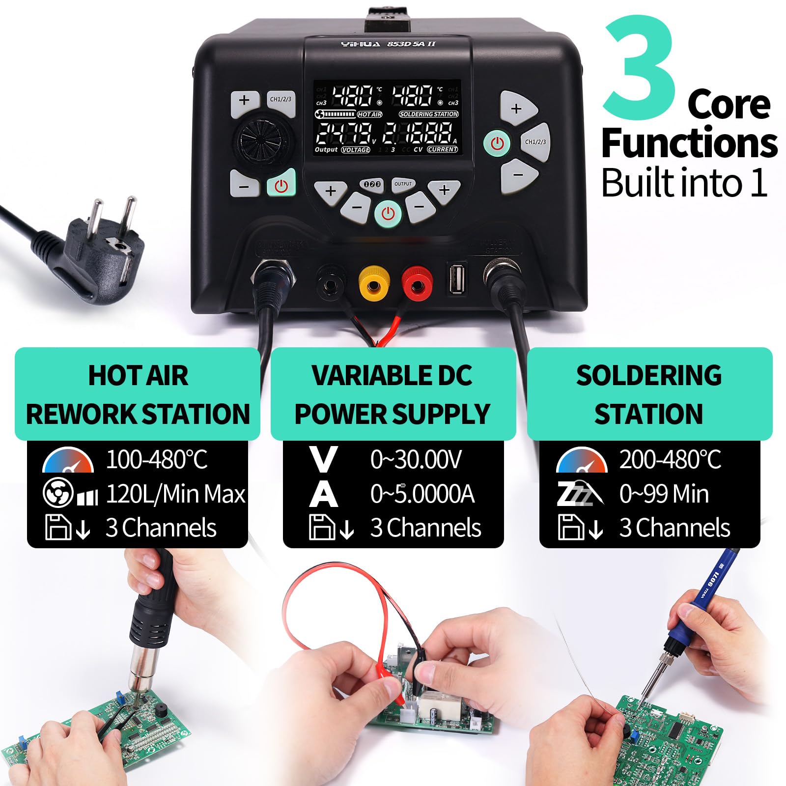 YIHUA 853D 5A-II Professionale Stazione Saldatore Saldante Aria Calda Alimentatore da Banco 3-IN-1 0-30.00V 0-5.0000A regolabile con 21 accessori(EU PLUG)