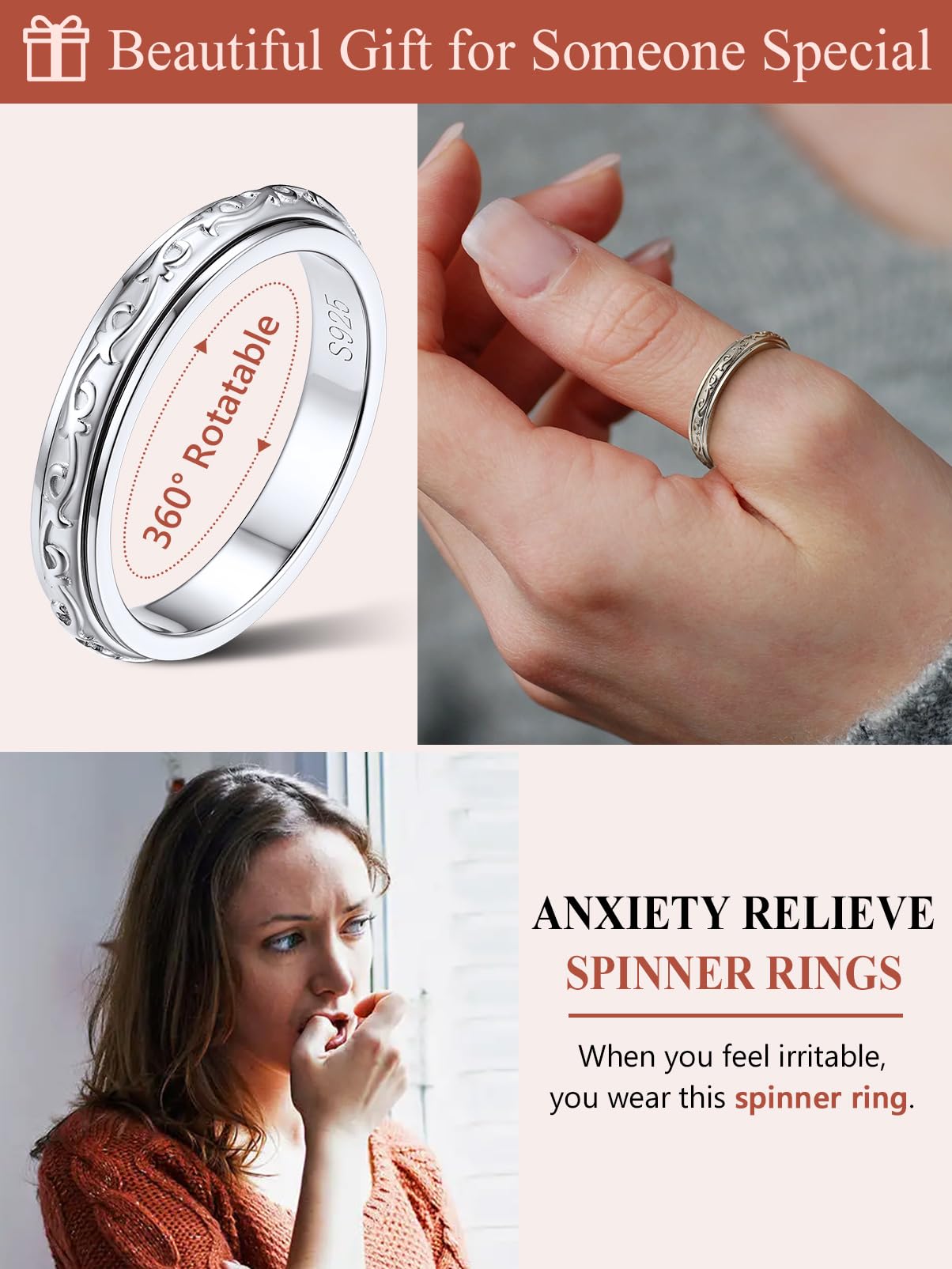 Silvora Bague Homme Argent 925 Anneau Tournante Femme Rotative Plaque Or [52/54/57/59/62/64/67-Chaine Cubain/Noeud Celtique/Lune et Etoile] Anti-stress Bague Anxiete Garcon Fille Accessoir Fidget