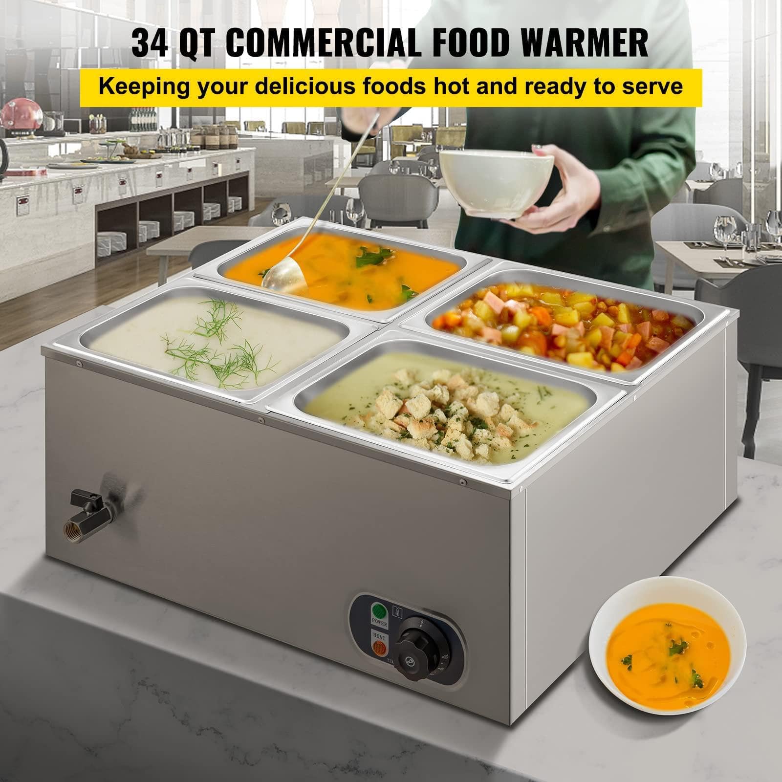 Scaldavivande commerciale a 4 teglie, scaldavivande elettrico da banco a vapore da 850 W per feste, scaldavivande elettrico a buffet a 4 teglie