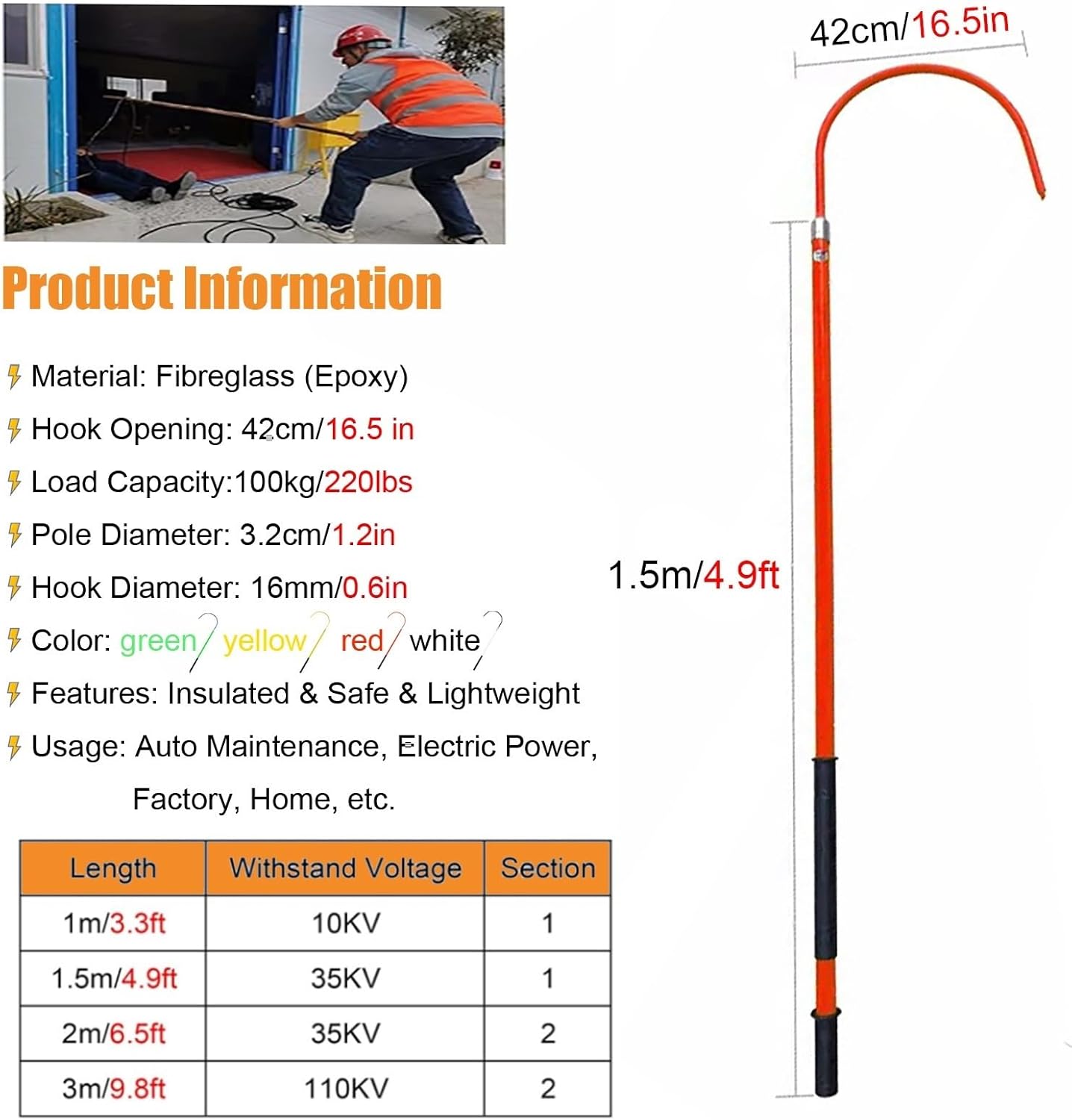 Rescue Hook Portable Emergency Rescue Pole High Voltage Insulated Life Hook, Lightweight Anti-electrocution Rescue Rod Kit with Non-Slip Handle, 3 5 6 10 Foot Lenght Fire Electrician Emergency Life-Sa