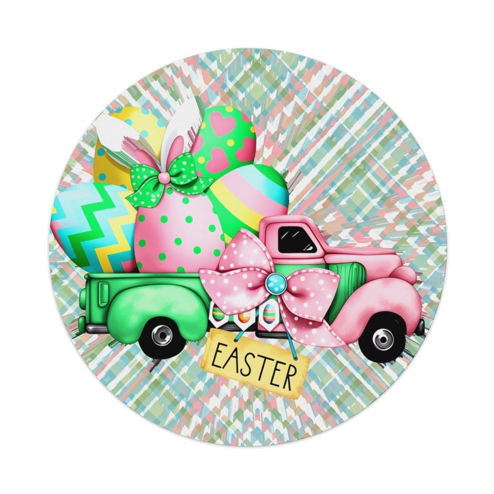 Easter Truck Eggs Bunnies Plaid Round Tin Sign Retro Metal Sign for Cafe Bar Pub Home Game Room Gym Club Wall Decoration Vintage Metal Poster 8x8 Inch