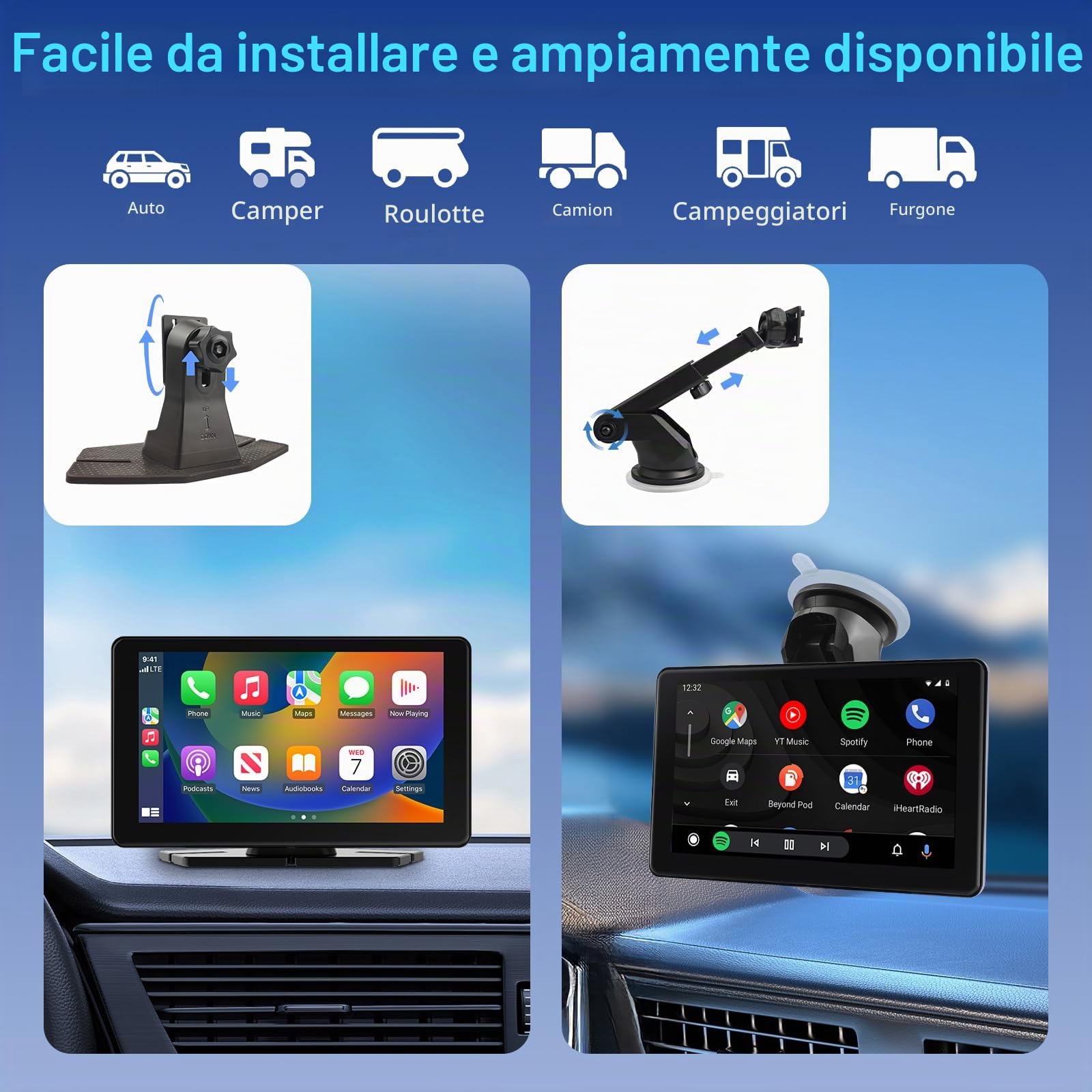 Autoradio Portatile con Carplay Wireless Android Auto, Schermo per Auto con IPS Touchscreen da 7 Pollici, Car Play Radio Bluetooth Auto con Mirror Link, Navigazione GPS, Controllo Vocale, AUX, FM
