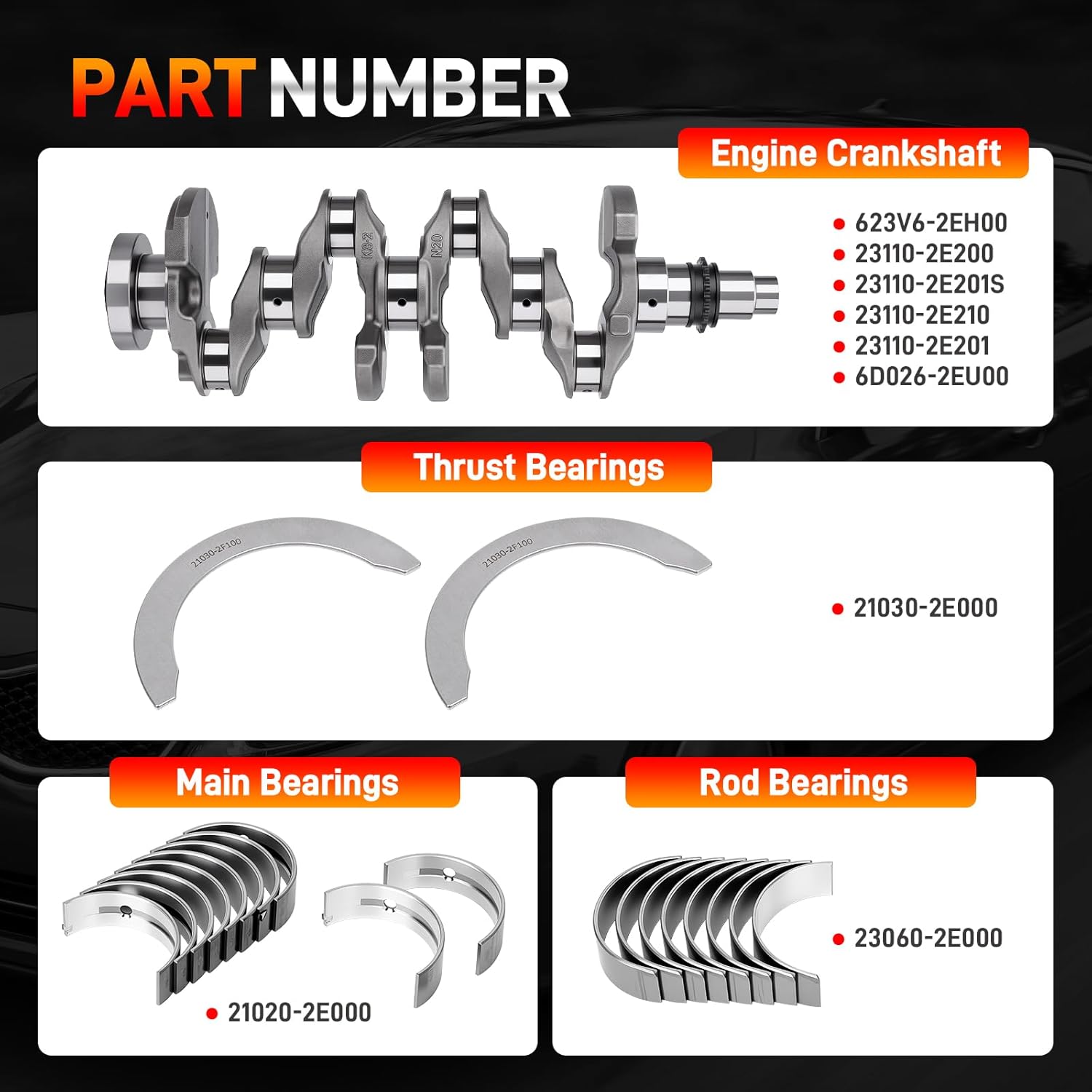 623V6-2EH00 G4NA 2.0L Engine Crankshaft Kit with Bearings Compatible with 2014-2021 Kia Soul Optima Forte Forte5/Koup Hyundai Sonata Tucson Elantra Elantra GT/Coupe Replace# 23110-2E200 23110-2E210