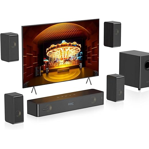 Wooden 5.1.2 Sound Bars, 4 Surround Speakers Wired, Virtual Surround Sound System, Soundbar for Smart TV Speaker w/5.25'' Wired Subwoofer, Home Theater, ARC/Opt/BT/AUX, HiPulse N512