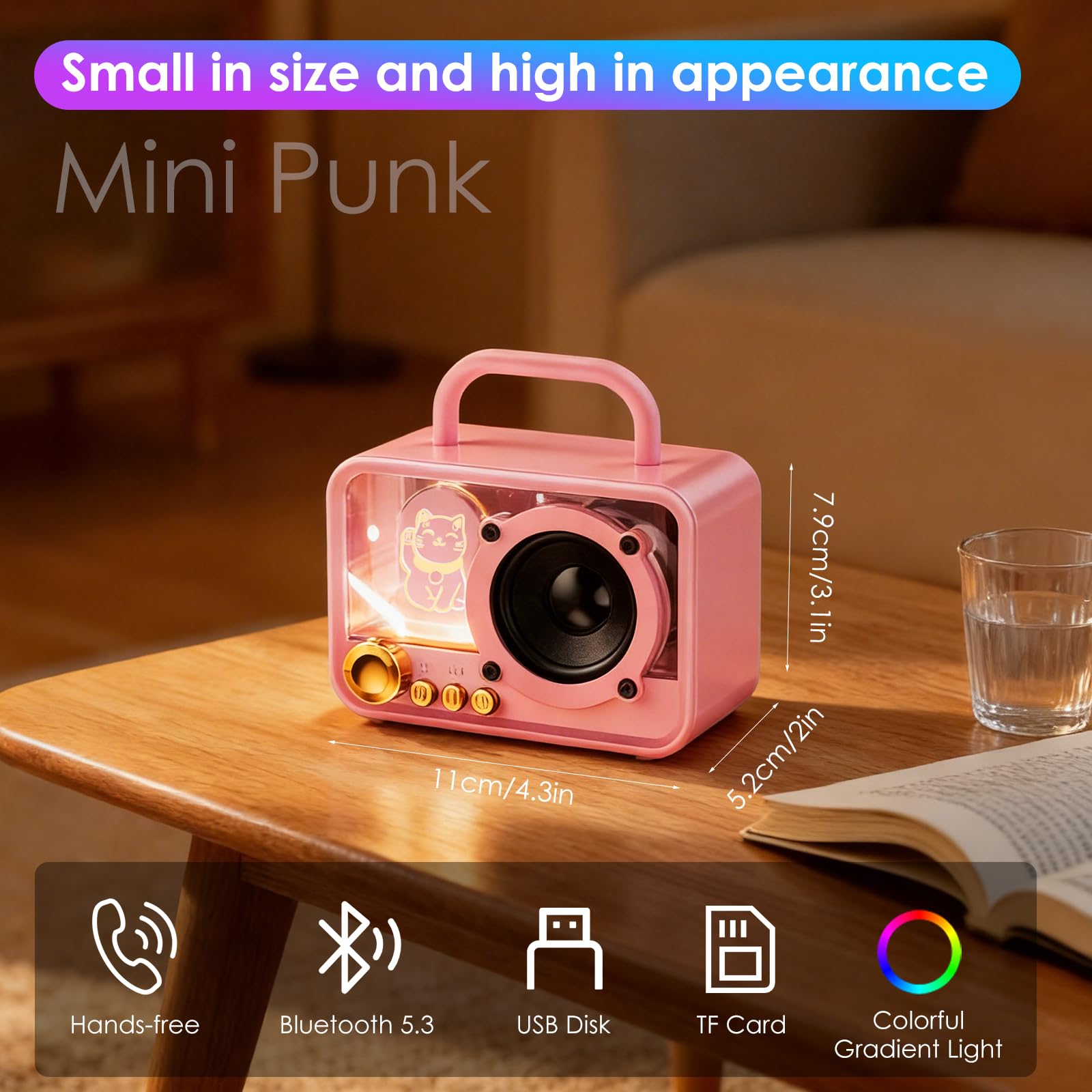 Altoparlante Bluetooth portatile con luci RGB, suono stereo, bassi potenti, mini altoparlante Bluetooth wireless, stile carino e alla moda per cucina, scrivania, camera da letto, ufficio