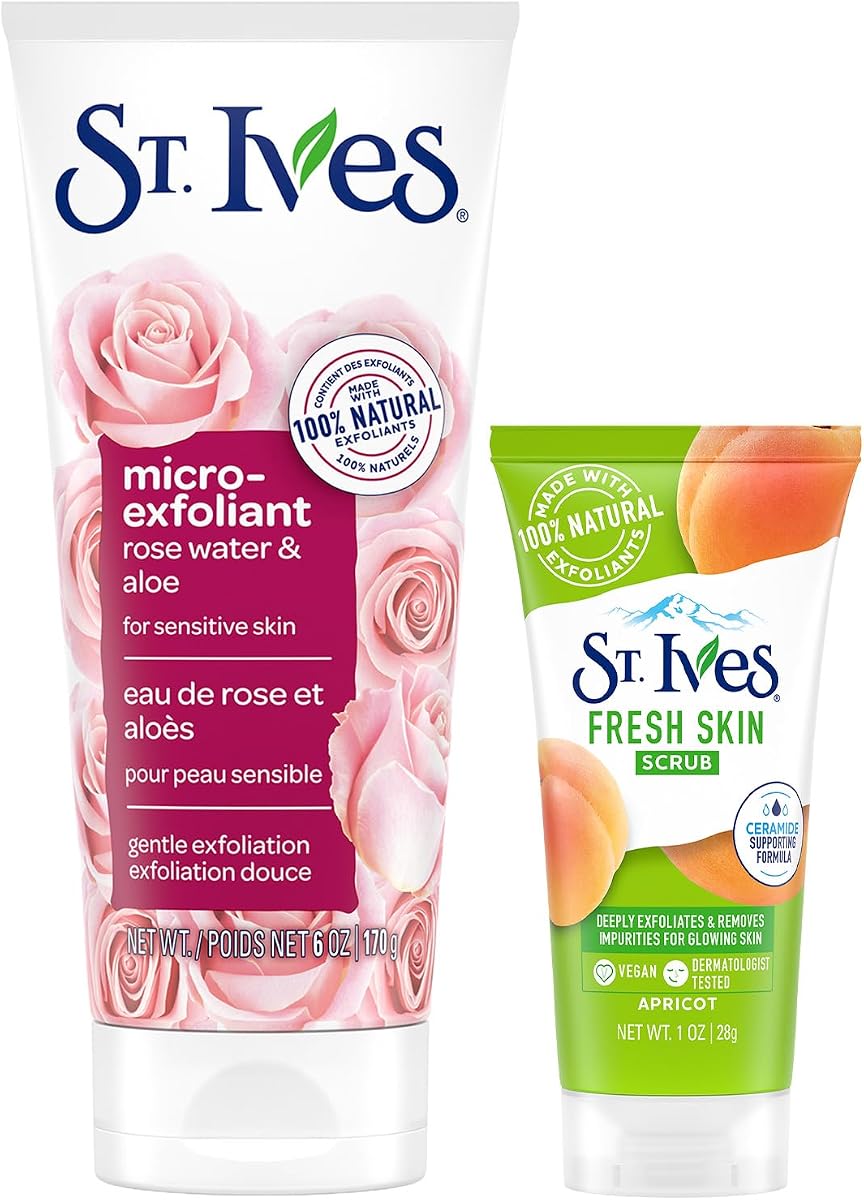 Facial Scrub, Rose Water & Aloe for Sensitive Skin + Travel-Size Fresh Skin Apricot Face Scrub for Balanced to Oily Skin
