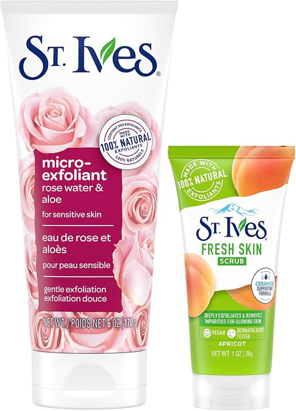 Facial Scrub, Rose Water & Aloe for Sensitive Skin + Travel-Size Fresh Skin Apricot Face Scrub for Balanced to Oily Skin