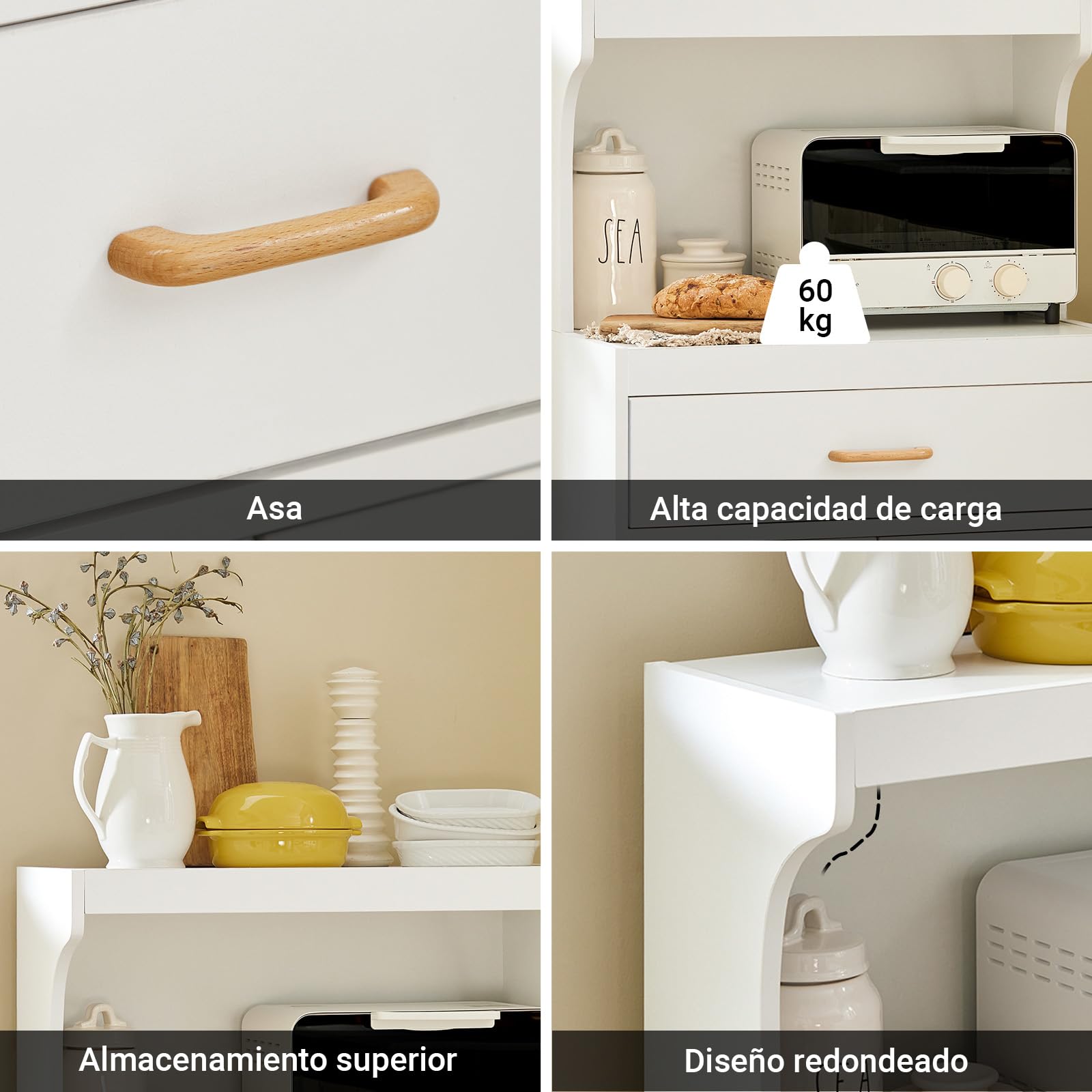 SoBuy Carrito Cocina, Mueble Auxiliar, Mueble microondas con cajón y Armario, Carro con Ruedas para almacenaje Cocina, Blanco, 62x119x40 cm FSB12-W