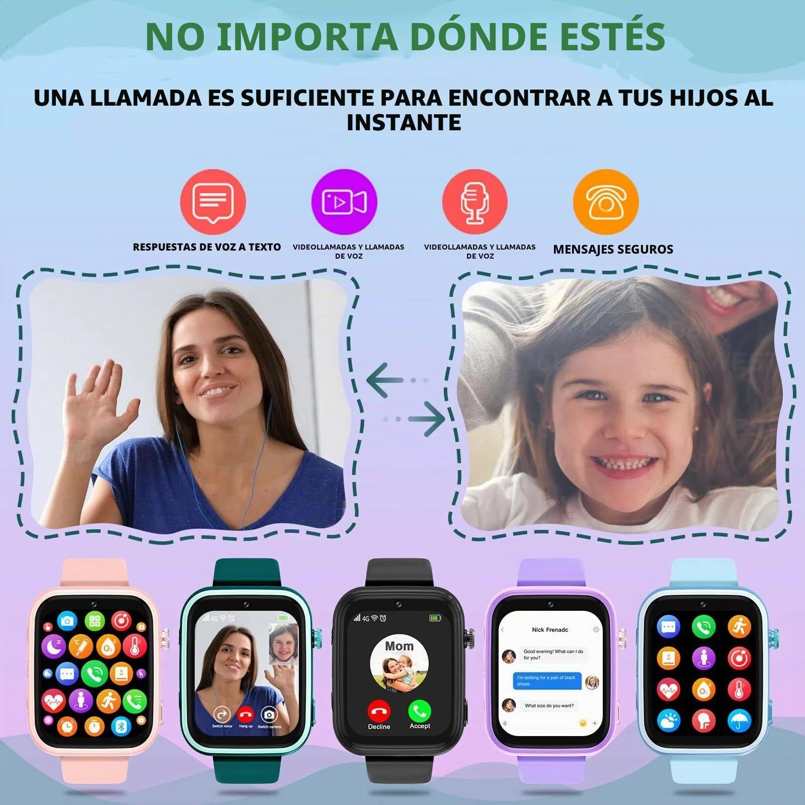 OKYUK Reloj Inteligente para niños 4G con rastreador GPS, Llamadas bidireccionales, Reloj Inteligente SOS con múltiples Estilos de Escritorio para Elegir, para niños y niñas de 6 a 12 años (Verde