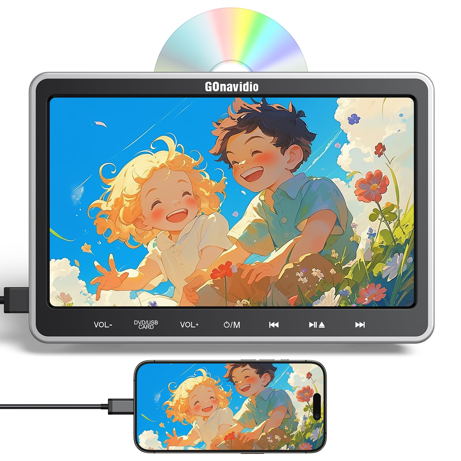 10,5" GOnavidio Reproductor de DVD para Coche con Soporte de Reposacabezas, Soporta HDMI/USB/SD/MKV/AVI, Diseño de Unidad Óptica de Succión Superior (Sin batería)