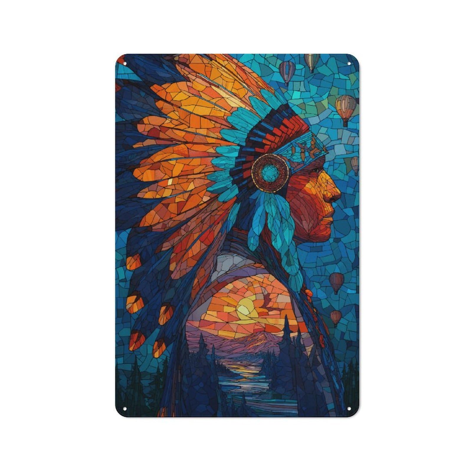 Junmoney Style-14 Native American Mosaic Art Printed Metal Sign 30X20cm For Pub Or Café, With Clear Industrial Wall Decor Character
