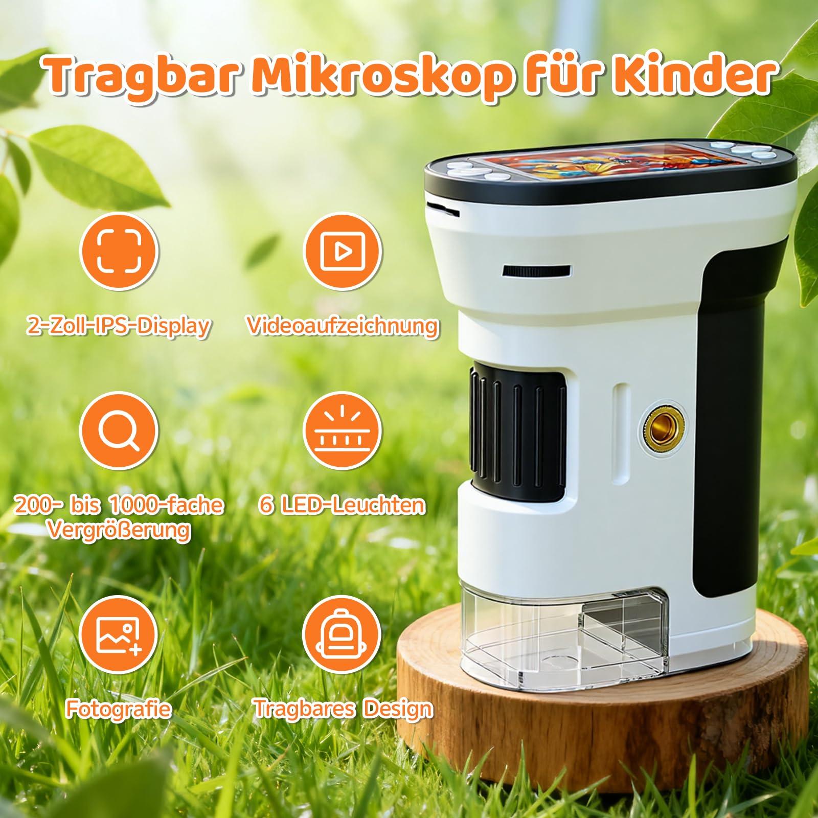 Digitales Mikroskop für Kinder mit 16GB Speicherkarte, 1000X Kinder Mikroskop mit 1080P HD 2,0" IPS‑Bildschirm, LED-Licht & USB, Kindermikroskop zum Lernen, Entdecken & Naturbeobachten, ab 6 Jahre