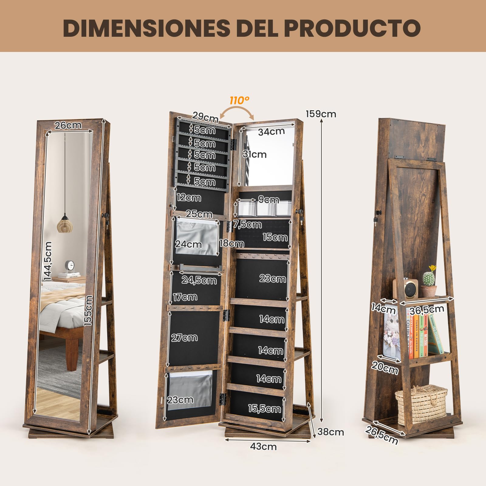 COSTWAY Armario para Joyas Giratorio 360°, Espejo Joyero de Pie con Estantes Traseros, Espejo de Maquillaje Integrado, 3 Cajas y 2 Bolsillos con Cremallera para Dormitorio (Marrón)