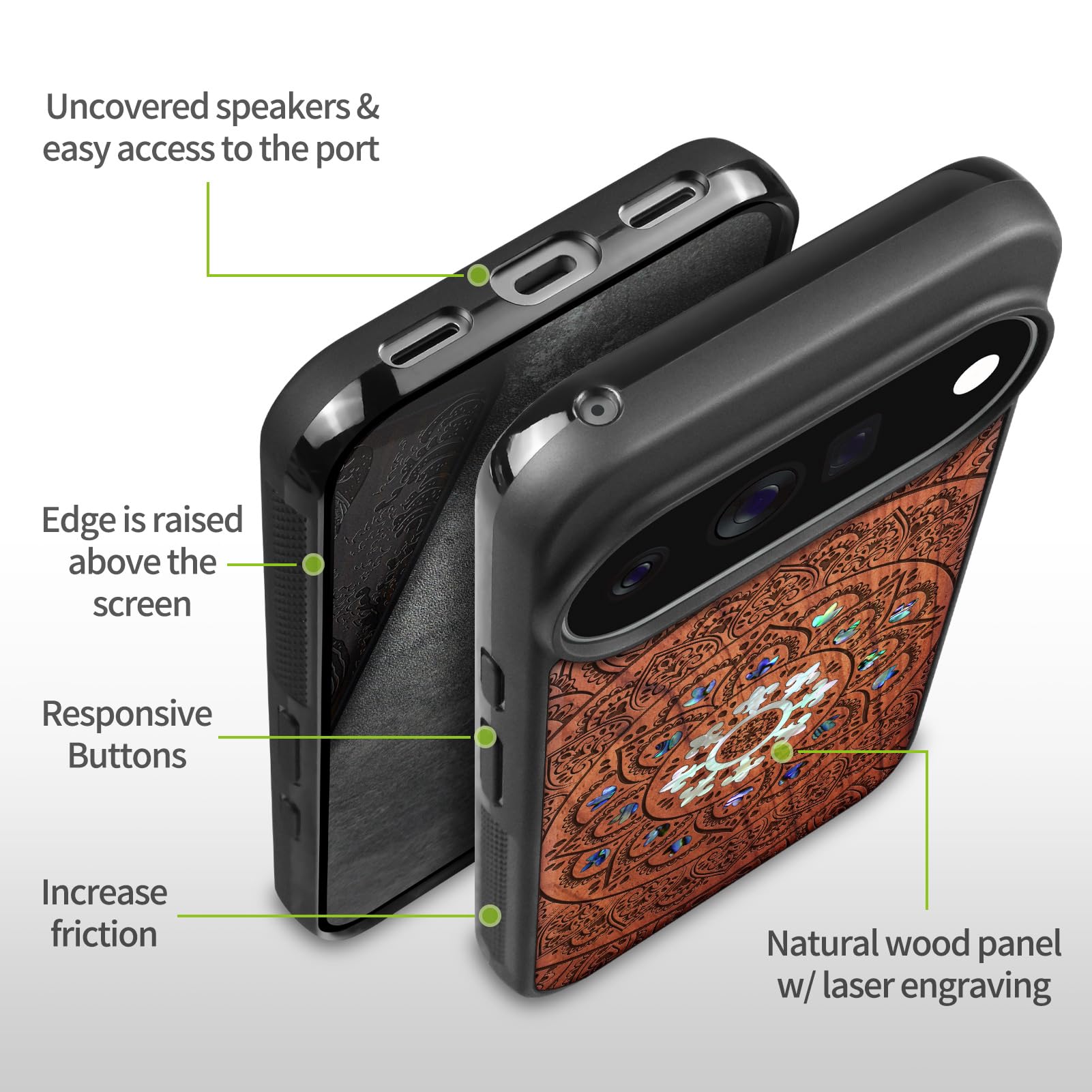 Carveit Madera Funda para Google Pixel 11 Pro (Rosa-Mándala Floral) | Compatible con MagSafe [Grabado en madera e incrustación de mejillones] Magnética Cover para Pixel 11 Pro Carcasa