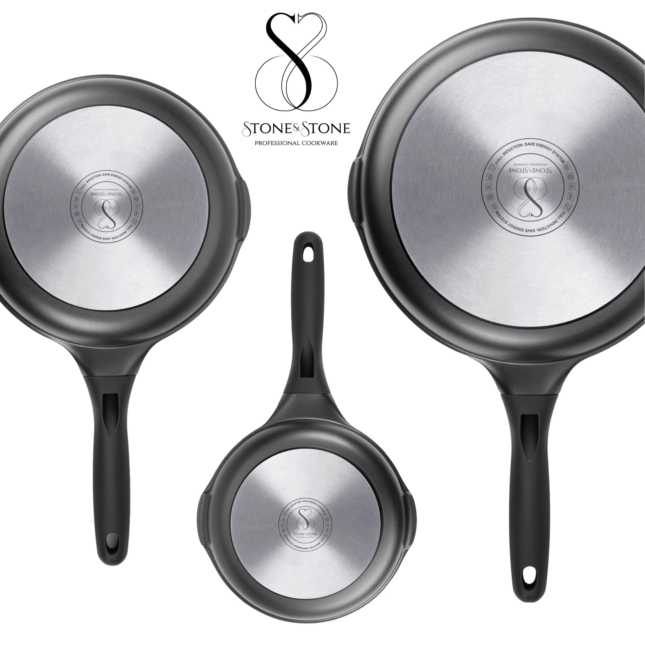 Stone&Stone Set 3 padelle 20cm 24cm 28cm estremamente antiaderente induzione gas | alluminio e acciaio padella professionale batteria | rivestimento tedesco + 3 coperchi 3 utensili priva di PFAS