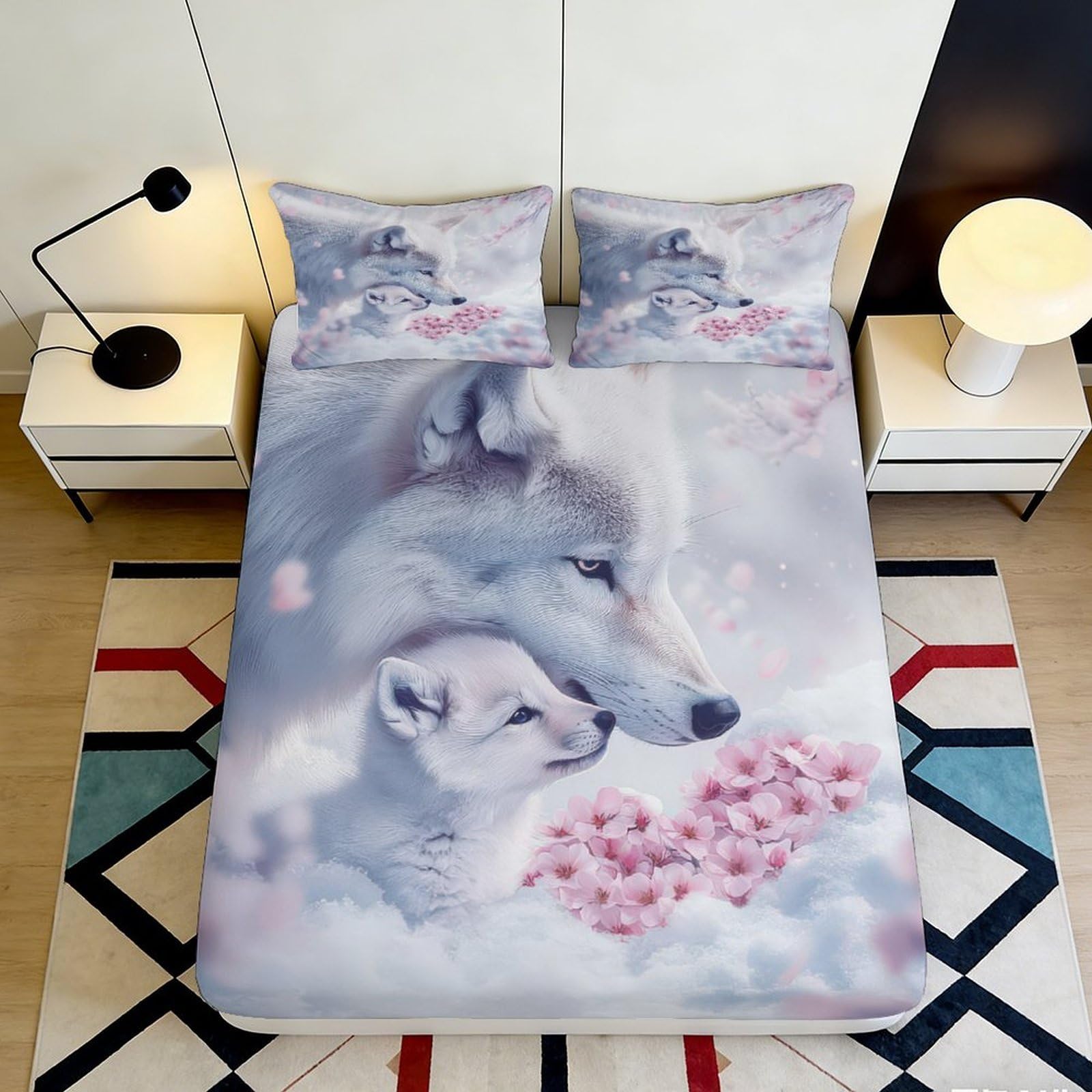 3D Printed Wolf Family Fitted Sheet Microfiber Soft Breathable Forest Heart Bed Cover for Bedroom Guest Room Decor 90x200x25cm