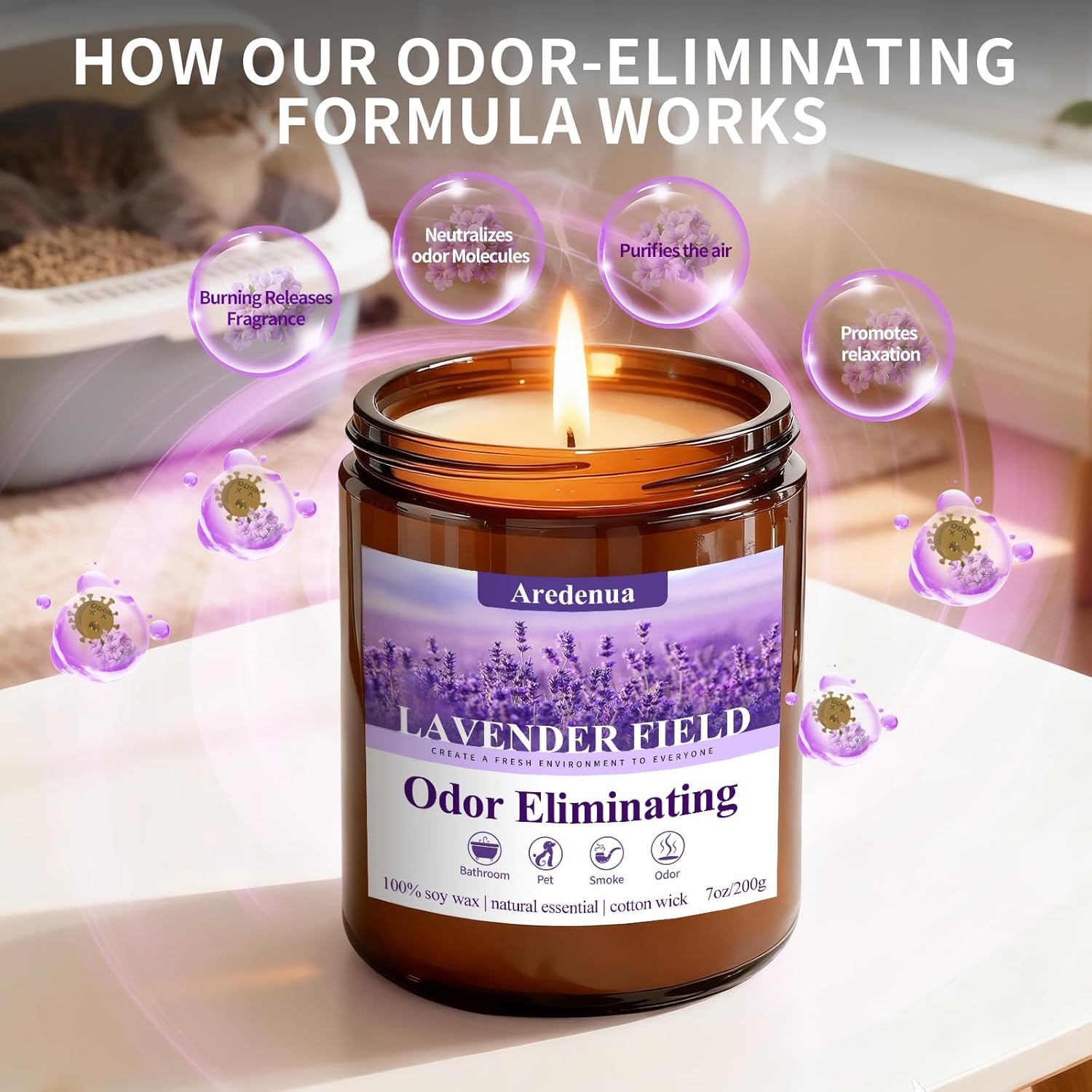 Lavender Odor Eliminating Candles | Eliminates 95% of Pet, Bad Smell & Bathroom Odors – 7oz Hand Poured Soy Candle - Aromatherapy Stress Relief Scented Candles - Relaxing Gifts for Calm & Fresh Homes - Image 4