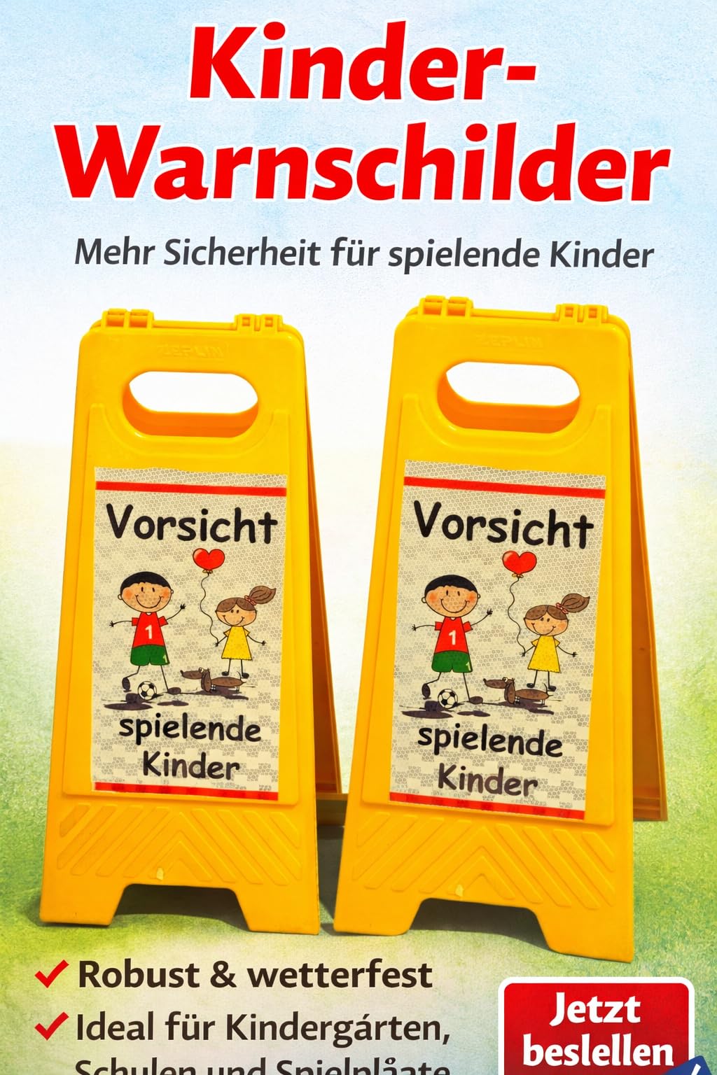 UvV Shop 2 Stück Warnschilder Achtung spielende Kinder Aufsteller, 60 x 27 cm Sicherheitsschild Vorsicht Kinder Schild mit Reflexfolie Klasse 2