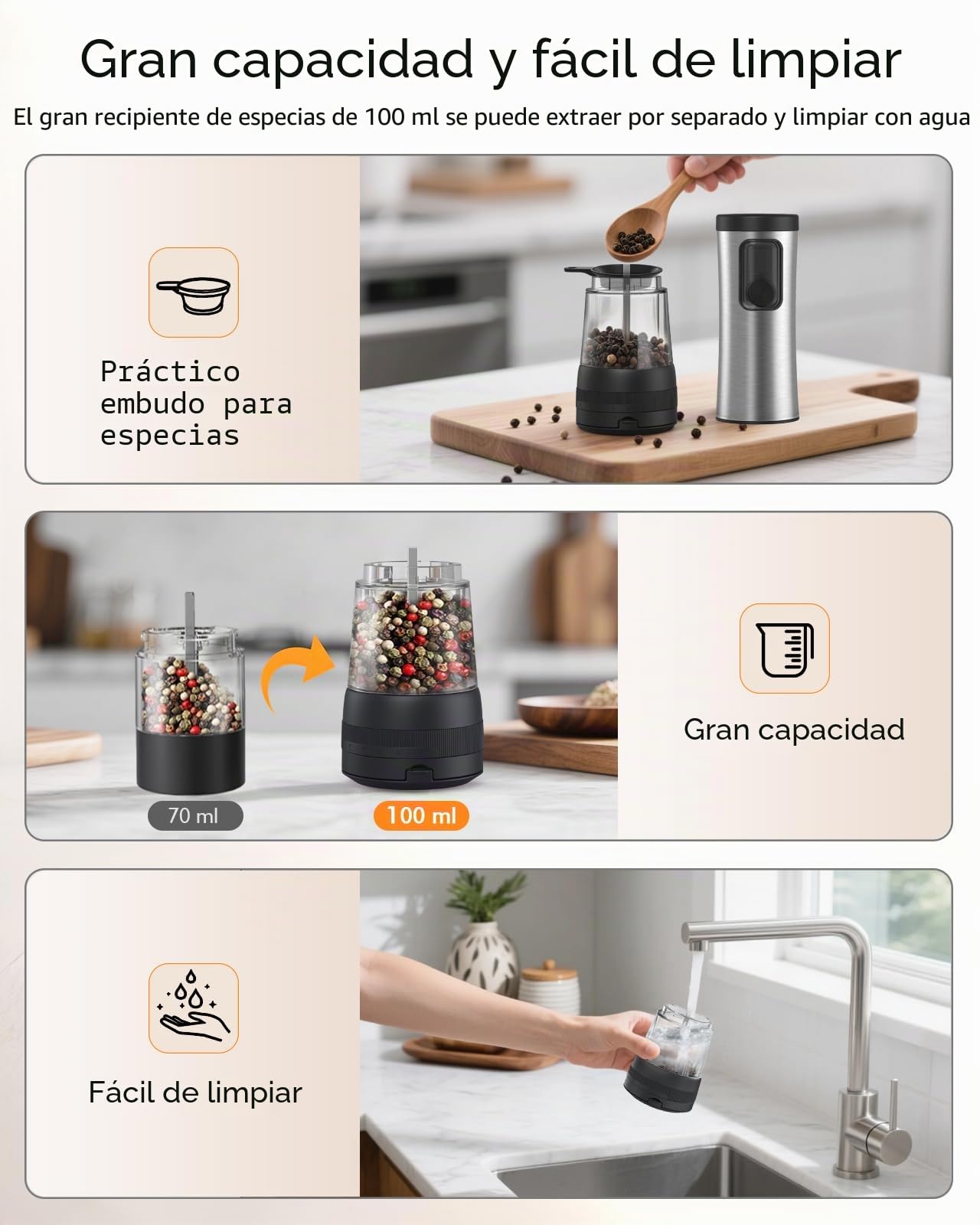 AMOSA Juego de Molinillo Pimienta Electrico de Sal, con 5 Tamaños de Grano & 2 Velocidades Ajustables, Base Recargable con Pantalla de Batería, Saleros de Cocina Automática acero Inoxidable con LED