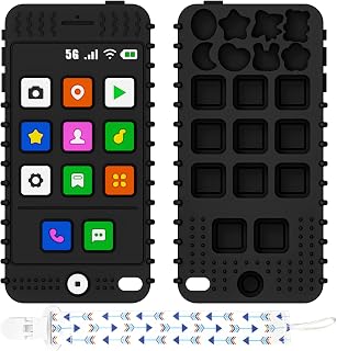 FFTROC Silicone Baby Teething Toys, Teether Toys for Babies 6-12 Months, Smart Phone Shape Teething Toys, Sensory Teether Chew Toys for Boys Girls Baby Toddlers Infant - Black
