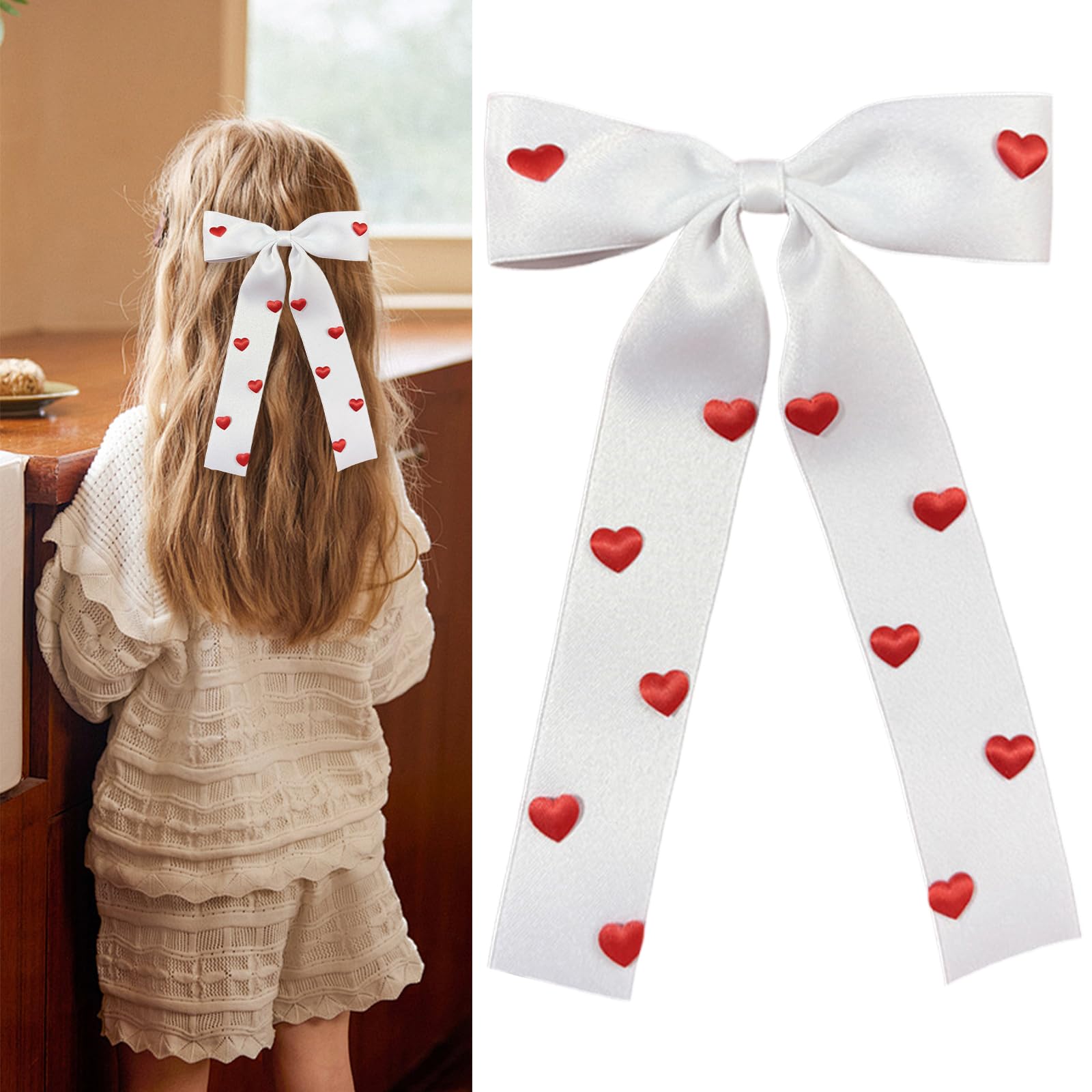 Totelux Valentines Bows Hair Clips White Hair Ribbon Bowknot with Long Tail Ponytail Holder Large Bow Hairpin with 3D Heart Hair Bow Barrettes for