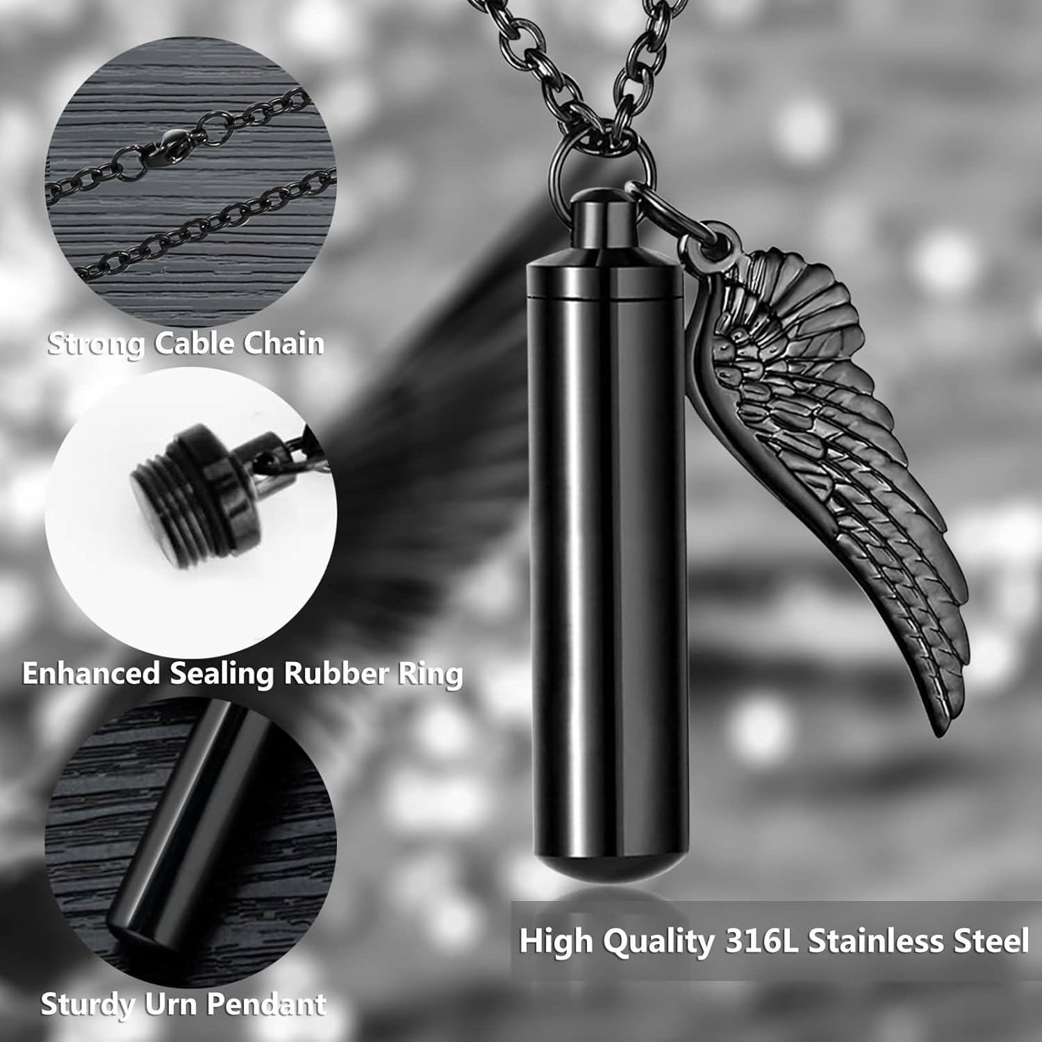 Urn Necklace for Ashes, Birthstone Necklace Stainless Steel Angel Wing Cylindrical Pendant Keepsake Cable Chain 22 Inch 2MM