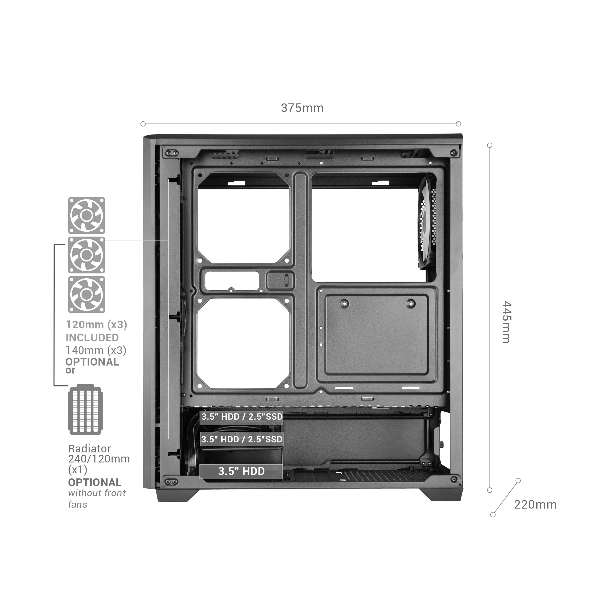Mars Gaming MC-Quantum, Caja PC Gaming ATX, Frontal Mesh con Tira LED ARGB, Cristal Templado Lateral Completo, 4X Ventiladores FDB 120mm, Soporte Refrigeración Líquida hasta 240mm, USB-C, Negro