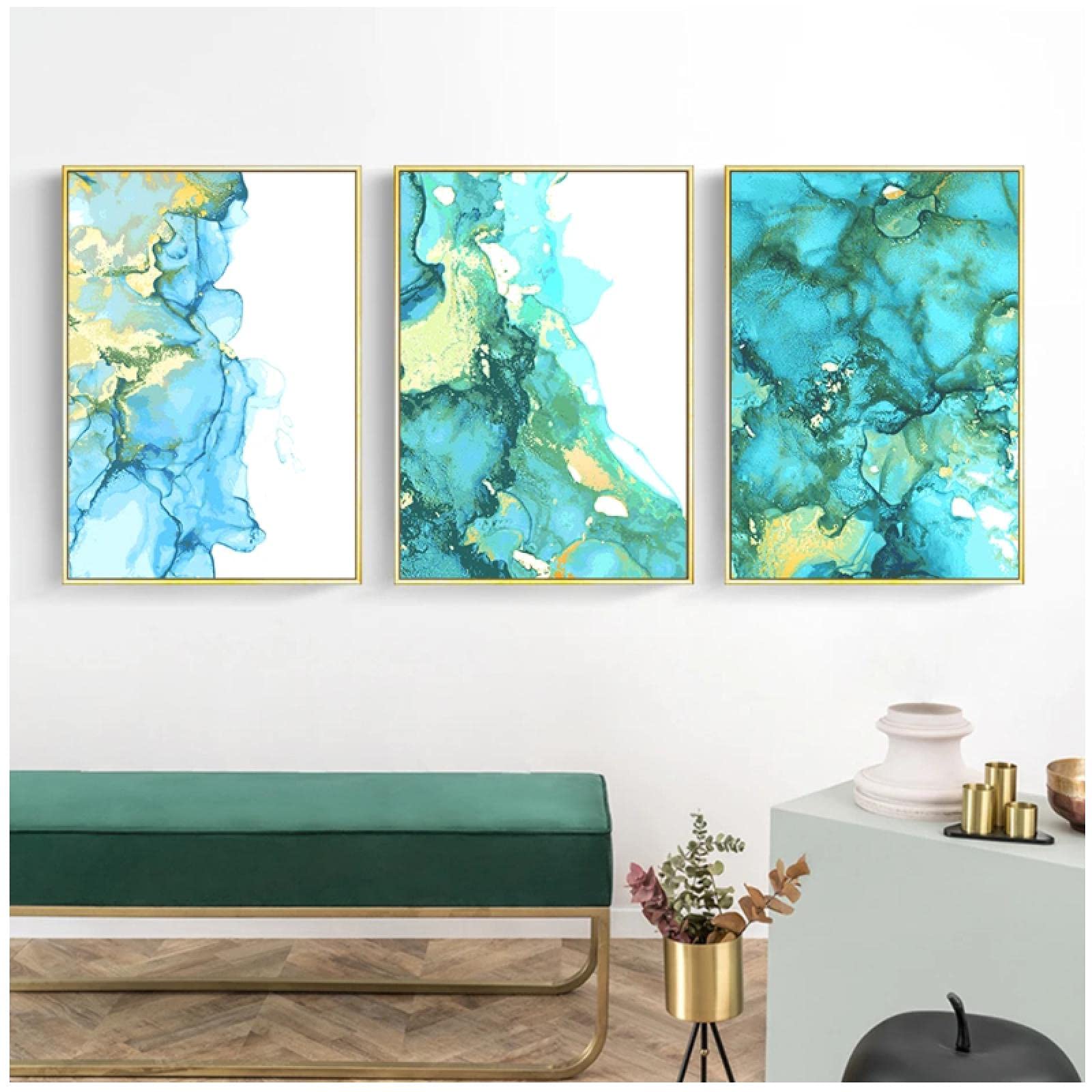 Print On Canvas, Teal Gold Marble Abstract Stone Textures Wall Art Painting Creativity Posters And Prints, Bedroom Home Decor 11.8”x15.7”(30x40cm)No Frame 3pcs